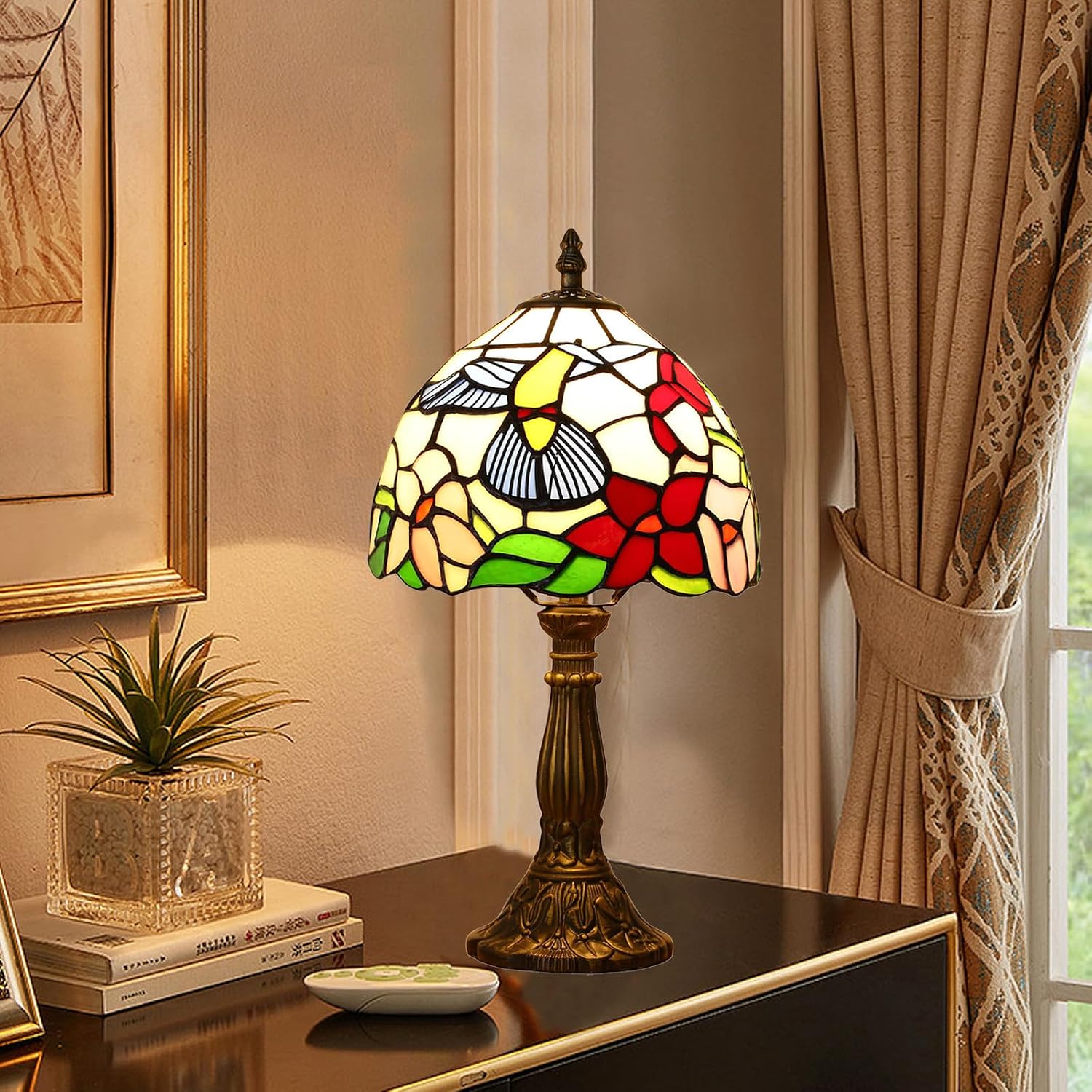 Tiffany Style Table Lamp, Hummingbird Style Stained Glass Lamp, 8 Inch Small Antique Lamp, for Bedside Nightstand Bedroom Living Room…