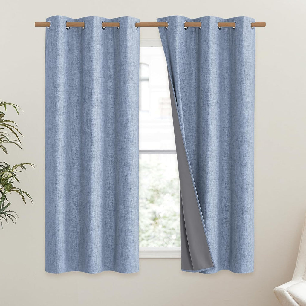 NICETOWN Stone Blue Vintage Linen 100% Blackout Curtains for Dining Room, Thermal Insulated Curtains 54" Long, Noise Reducing Window…