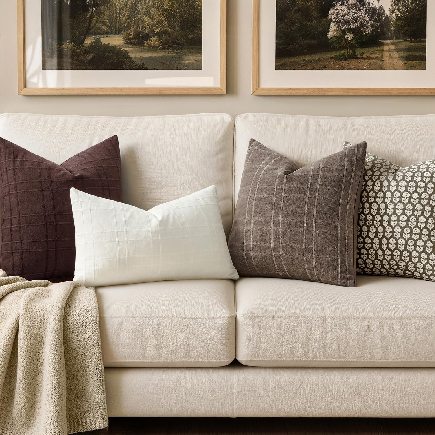 Miulee Decorative Linen Check Euro Shams Throw Pillow Covers Neutral Farmhouse Vintage Pillow Covers 24x24 Set of 2 Boho Modern Winter Home…