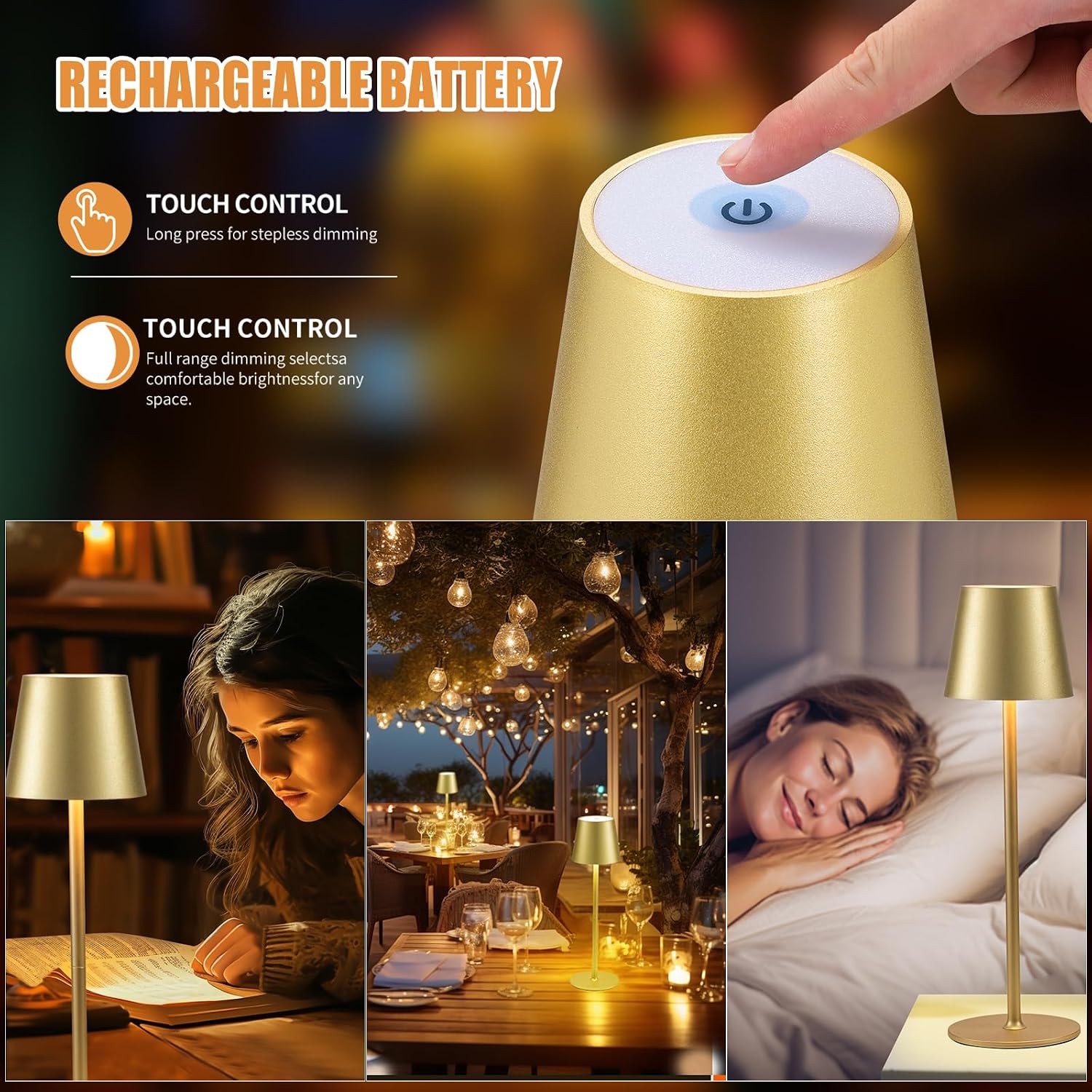 BGFHome 2 Pack Cordless Table Lamp LED Desk Lamps, 5000mAh Battery Operated, Rechargeable Touch Night Light, 3 Color Stepless Dimming Up…