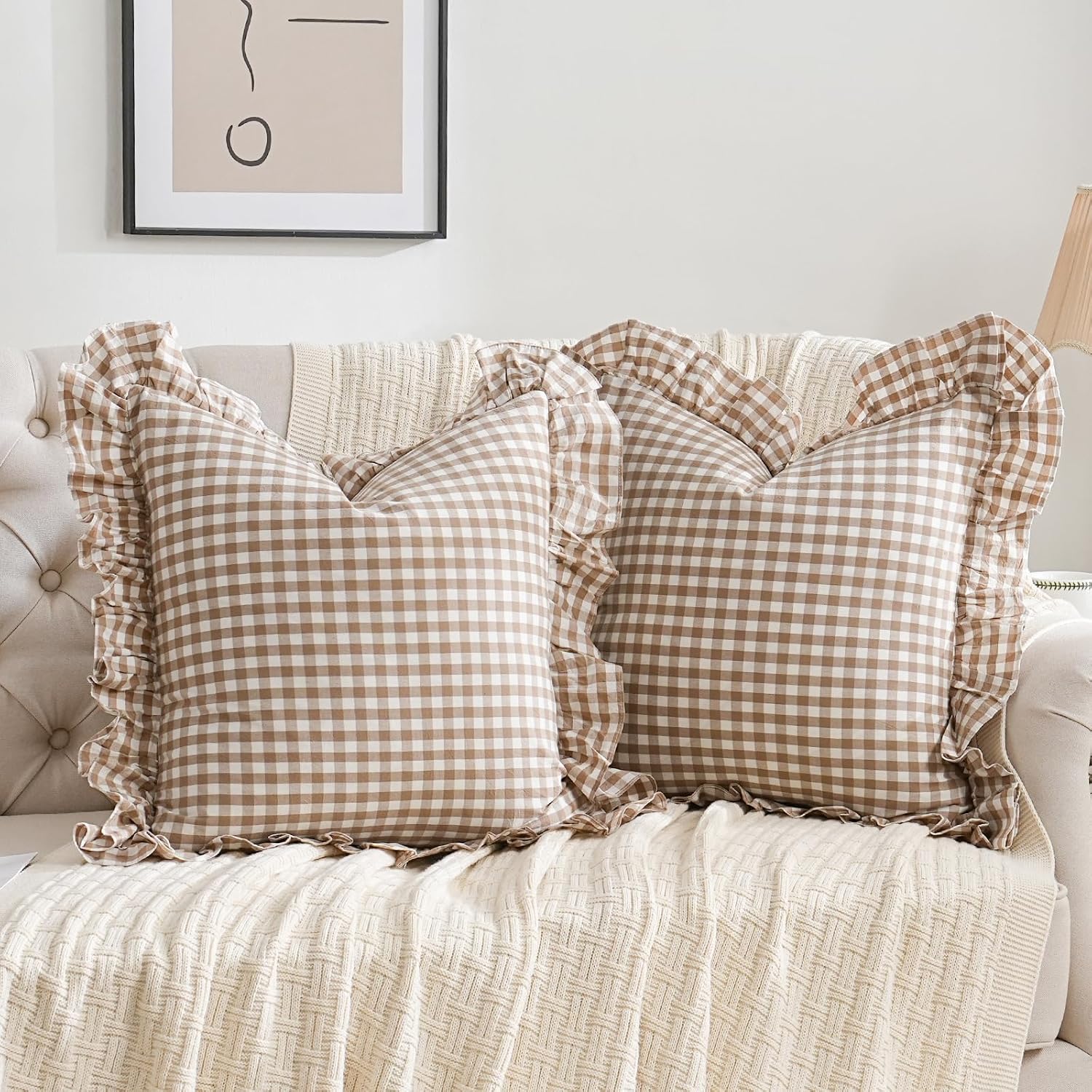 Qilunn 2 Pack Taupe/Brown Plaid Ruffle Throw Pillow Covers Farmhouse Checkered Chic Washed Cotton Pillowcases Gingham Pillow Shams for Bed,…