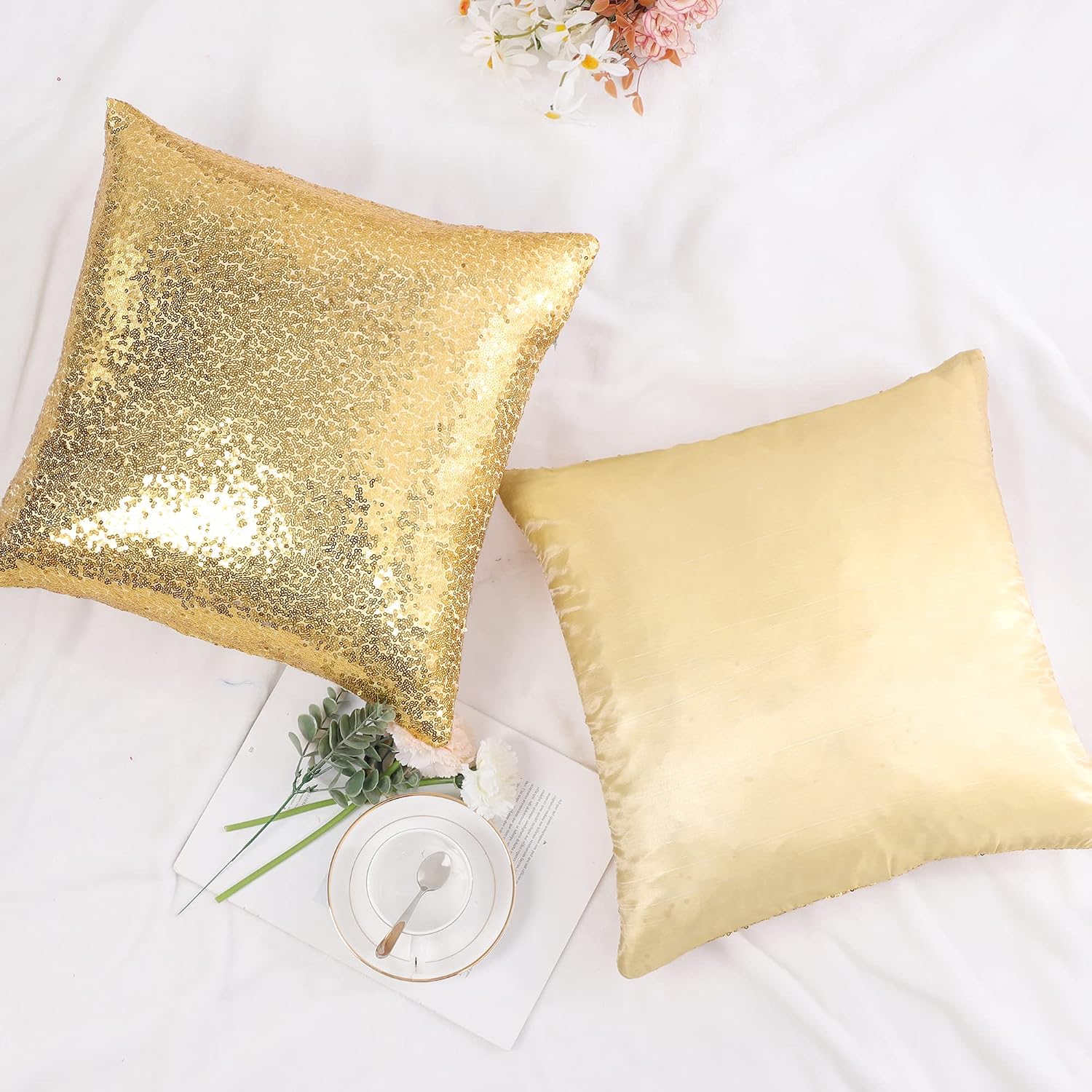 uxcell 2 Pcs Gold Tone Sequin Throw Pillow Covers, Shiny Sparkling Comfy Satin Sequin Cushion Covers, Decorative Pillowcases for…