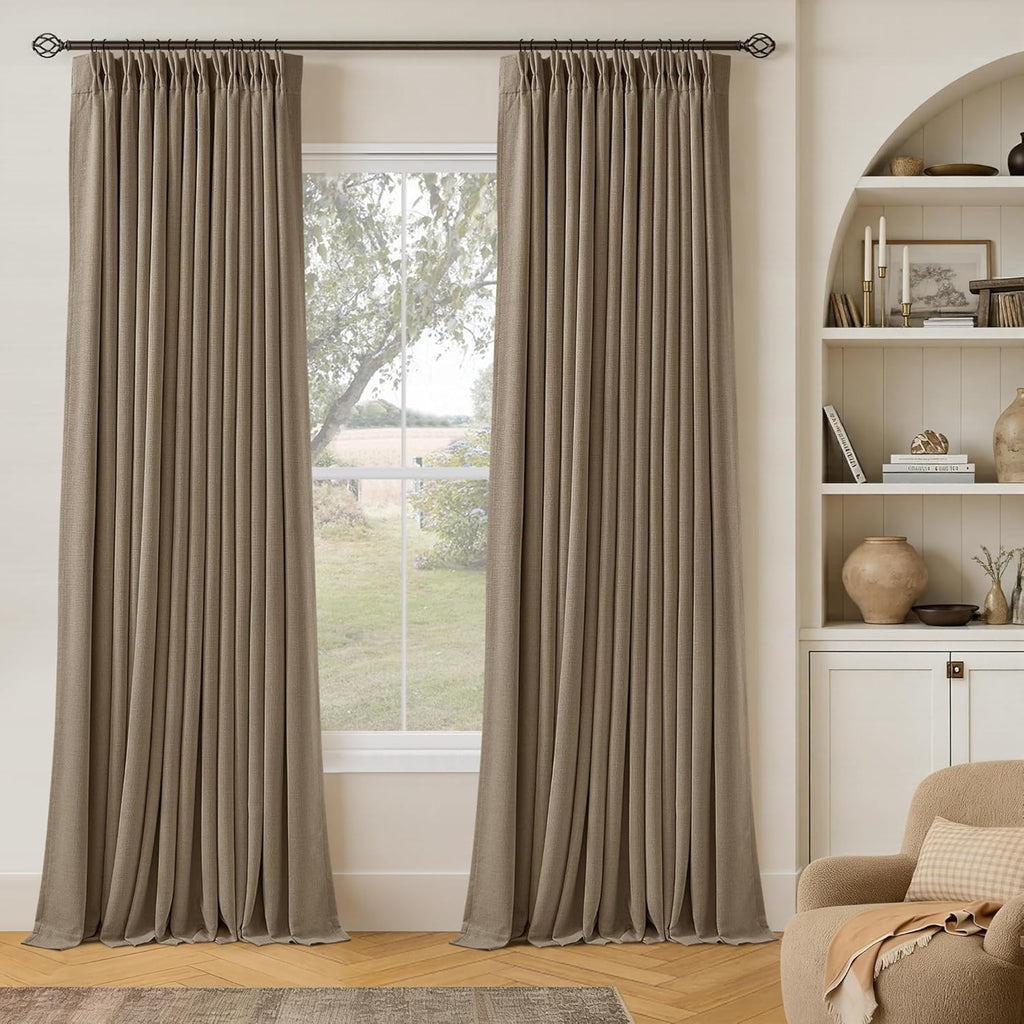 Twodrapes Latte Brown Pleated Linen Blackout Curtains 90 Inches Long for Bedroom Living Room Pinch Pleat Black Out Thermal Insulated Room D…