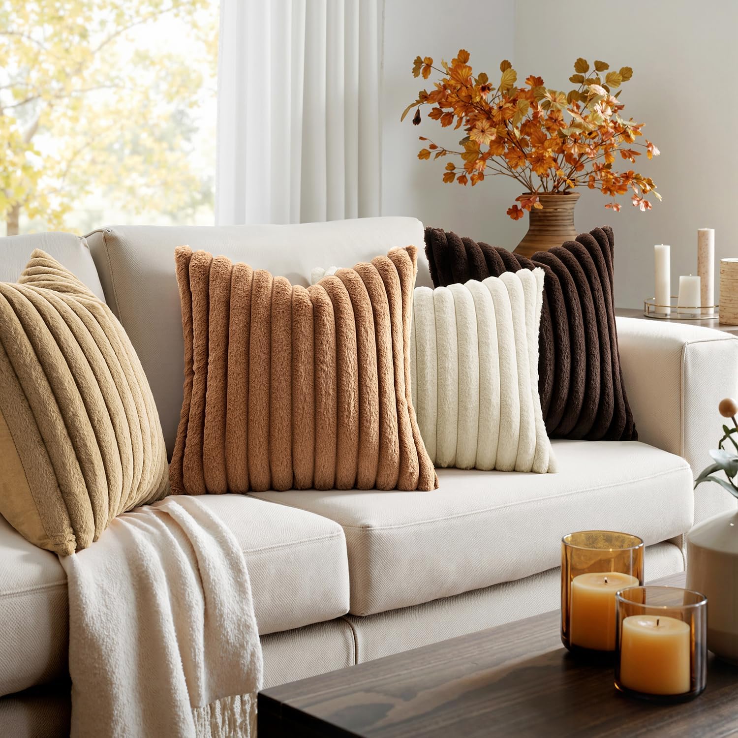 Miulee Faux Fur Plush Decorative Throw Pillow Covers 18x18 Set of 4, Boho Farmhouse Soft Fuzzy Striped Cushion Covers for Sofa Couch Bed Li…