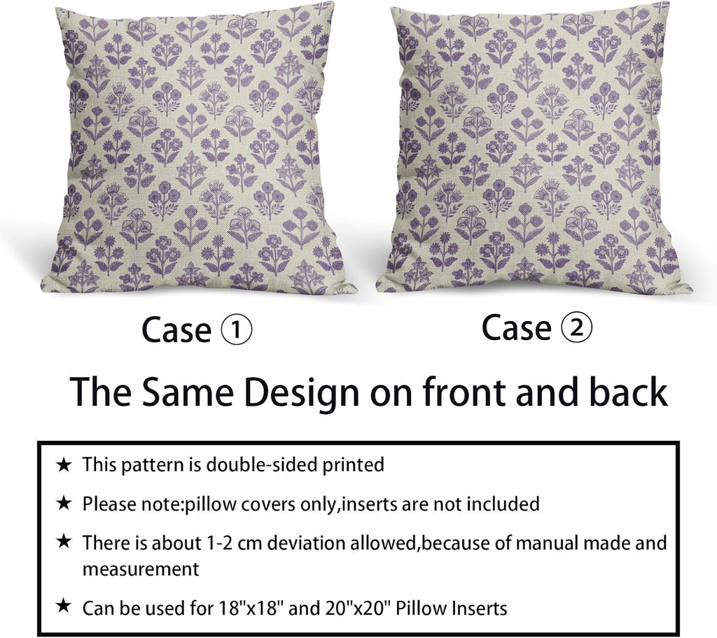 Purple Floral Block Print Pillow Covers 18x18 Inch Set of 2, Vintage Flower Pattern Decorative Throw Pillowcases Outdoor Farmhouse…