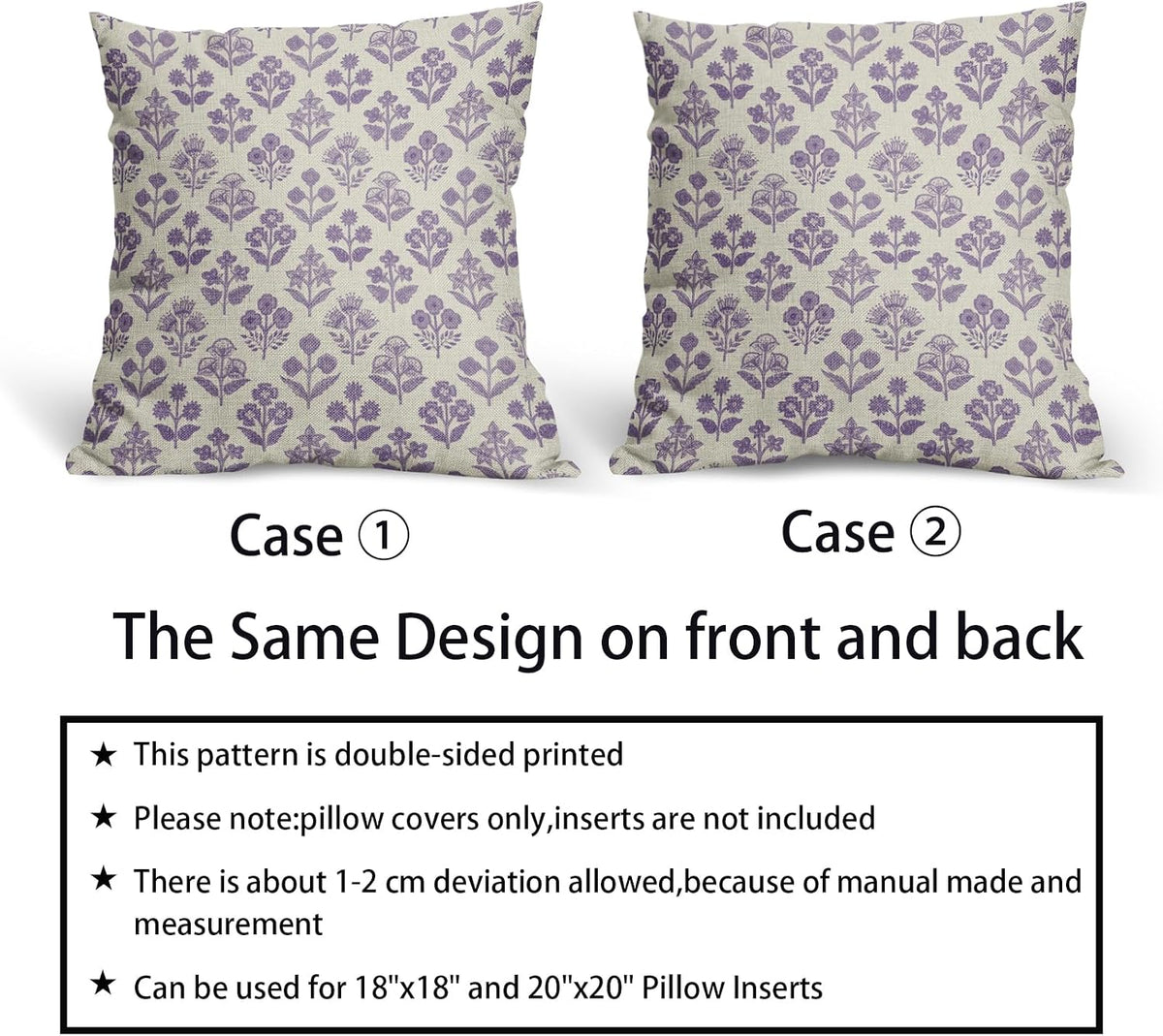Purple Floral Block Print Pillow Covers 18x18 Inch Set of 2, Vintage Flower Pattern Decorative Throw Pillowcases Outdoor Farmhouse…