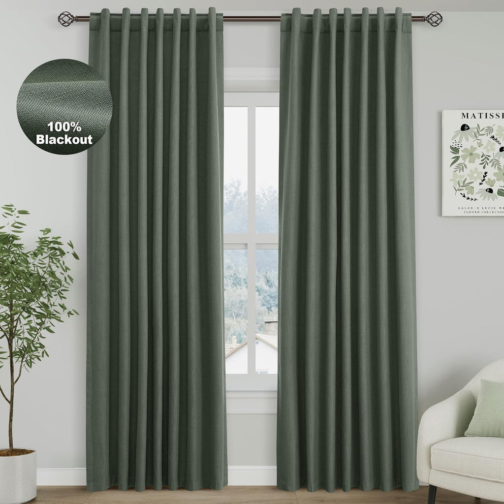 Nanspring Olive Green 100% Blackout Linen Curtains 84 Inch Length 2 Panels Set for Bedroom Back Tab Modern Farmhouse Decor Black Out Curtai…
