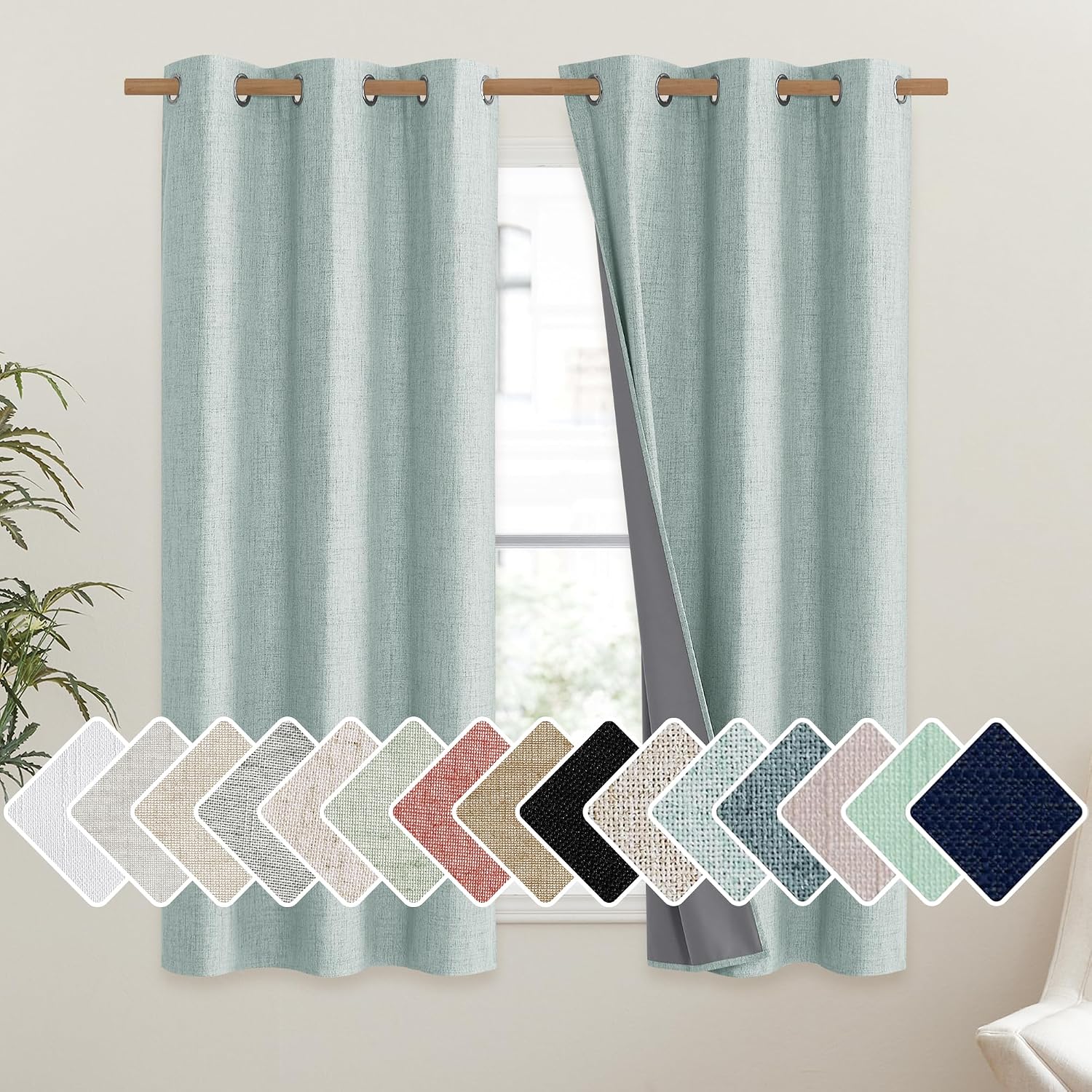 NICETOWN 100% Absolutely Blackout Linen Curtains with Thermal Insulated Liner, Seafoam Green, 42" Wide, 54" Length Energy Saving Curtains…
