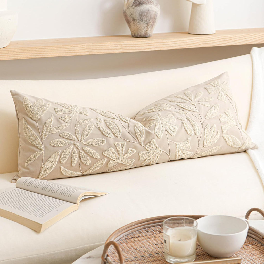 BlissBlush 14x36 Lumbar Pillow Cover for Bed, Rectangular Decorative Long Throw Pillowcase, Embroidered Farmhouse Accent Cushion, Beige…