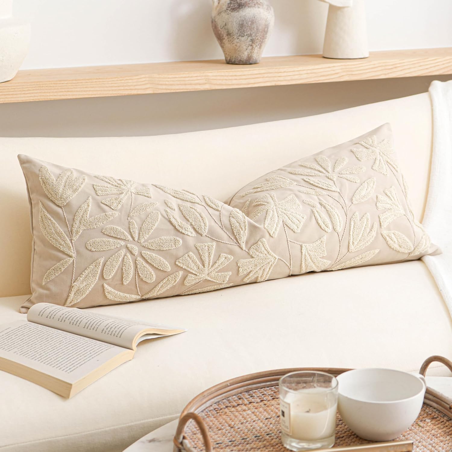BlissBlush 14x36 Lumbar Pillow Cover for Bed, Rectangular Decorative Long Throw Pillowcase, Embroidered Farmhouse Accent Cushion, Beige…