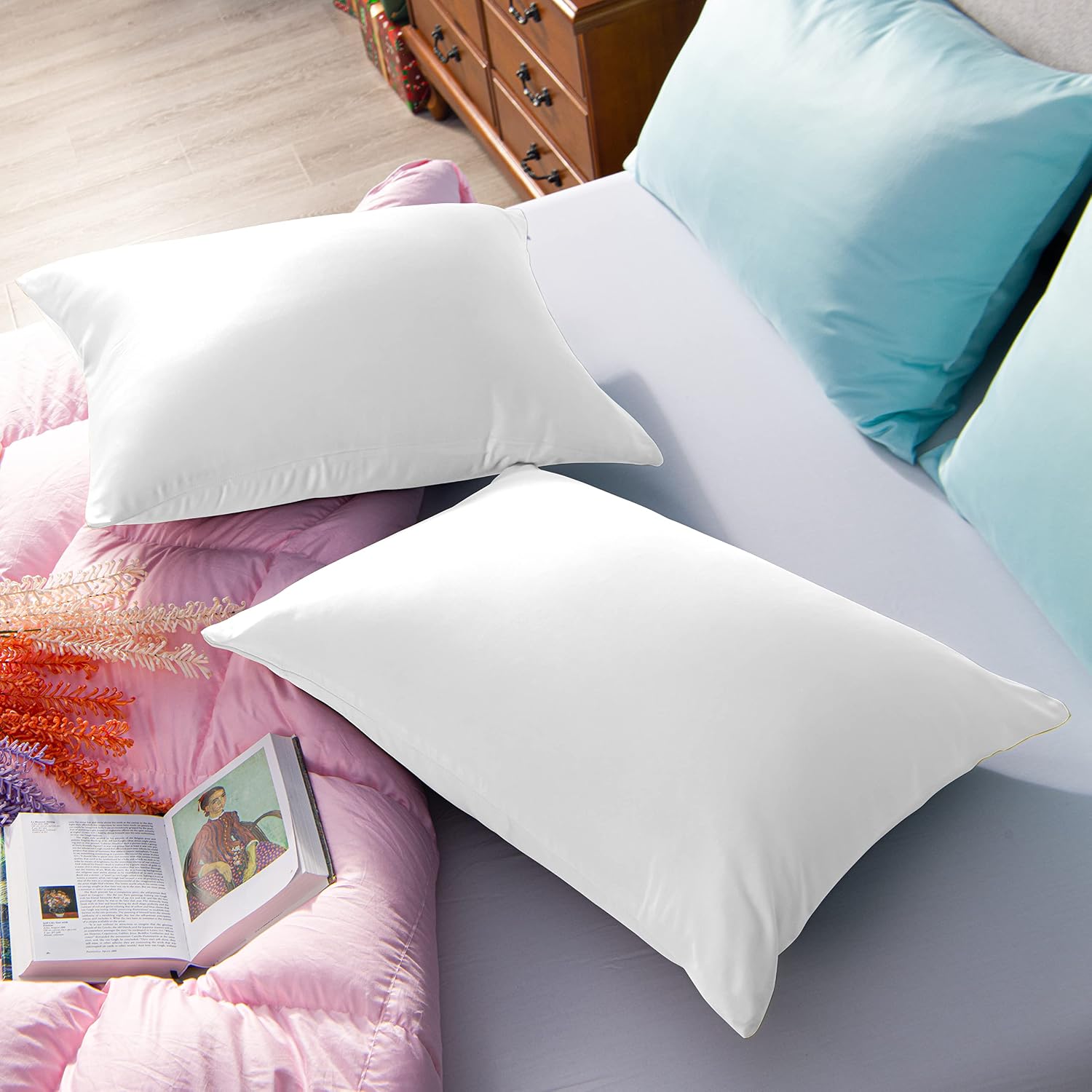 Ntbay Zippered Satin Pillow Cases for Hair and Skin, Luxury Standard Hidden Zipper Pillowcases Set of 2, 20x26 Inches, Pure White 26 Inches…