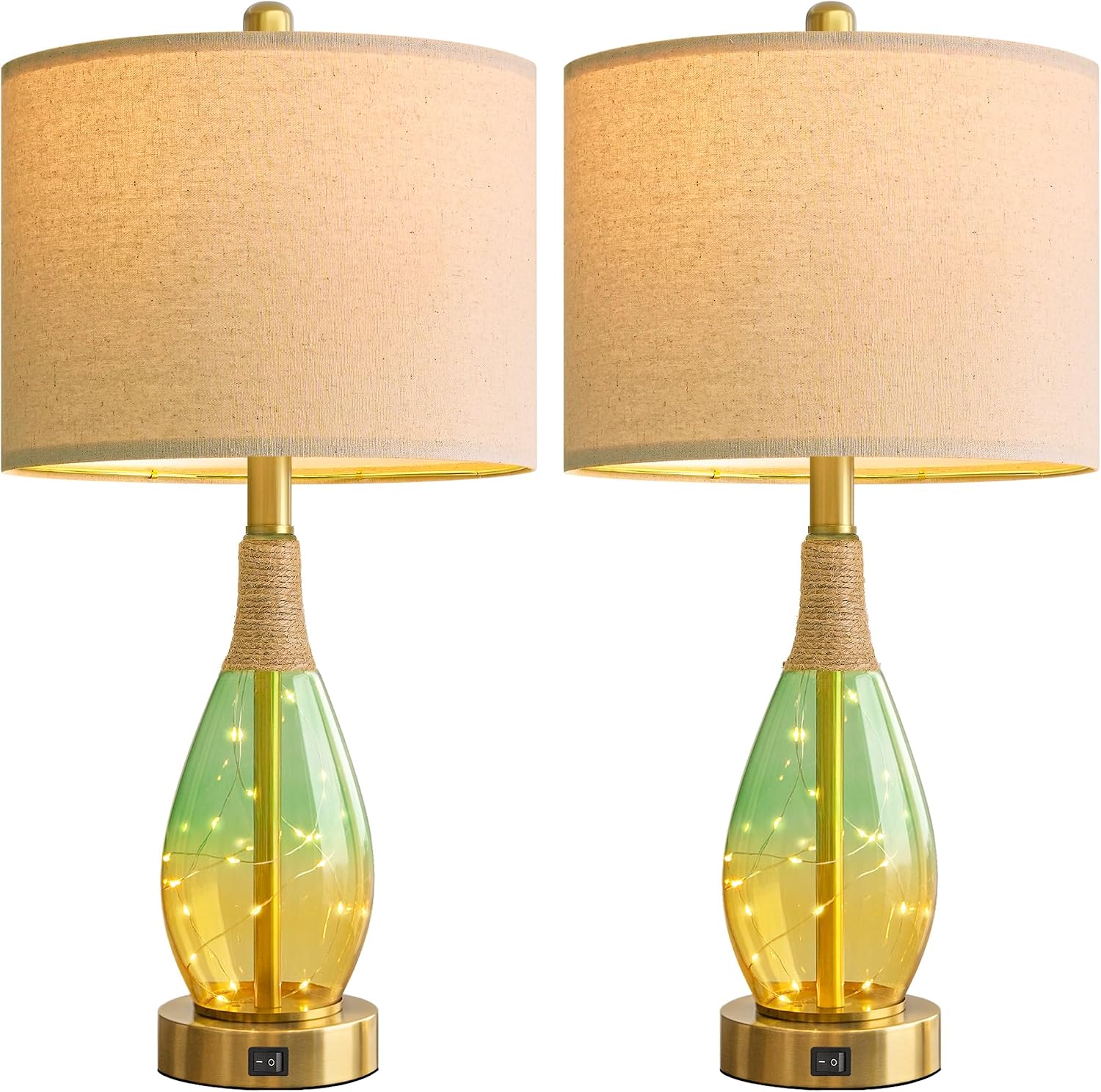 OYEARS 23" Table Lamps Set of 2, Farmhouse Lamps with Glass Nightlight, Bedside Lamps for Living Room, Rattan Lamps for Bedroom…