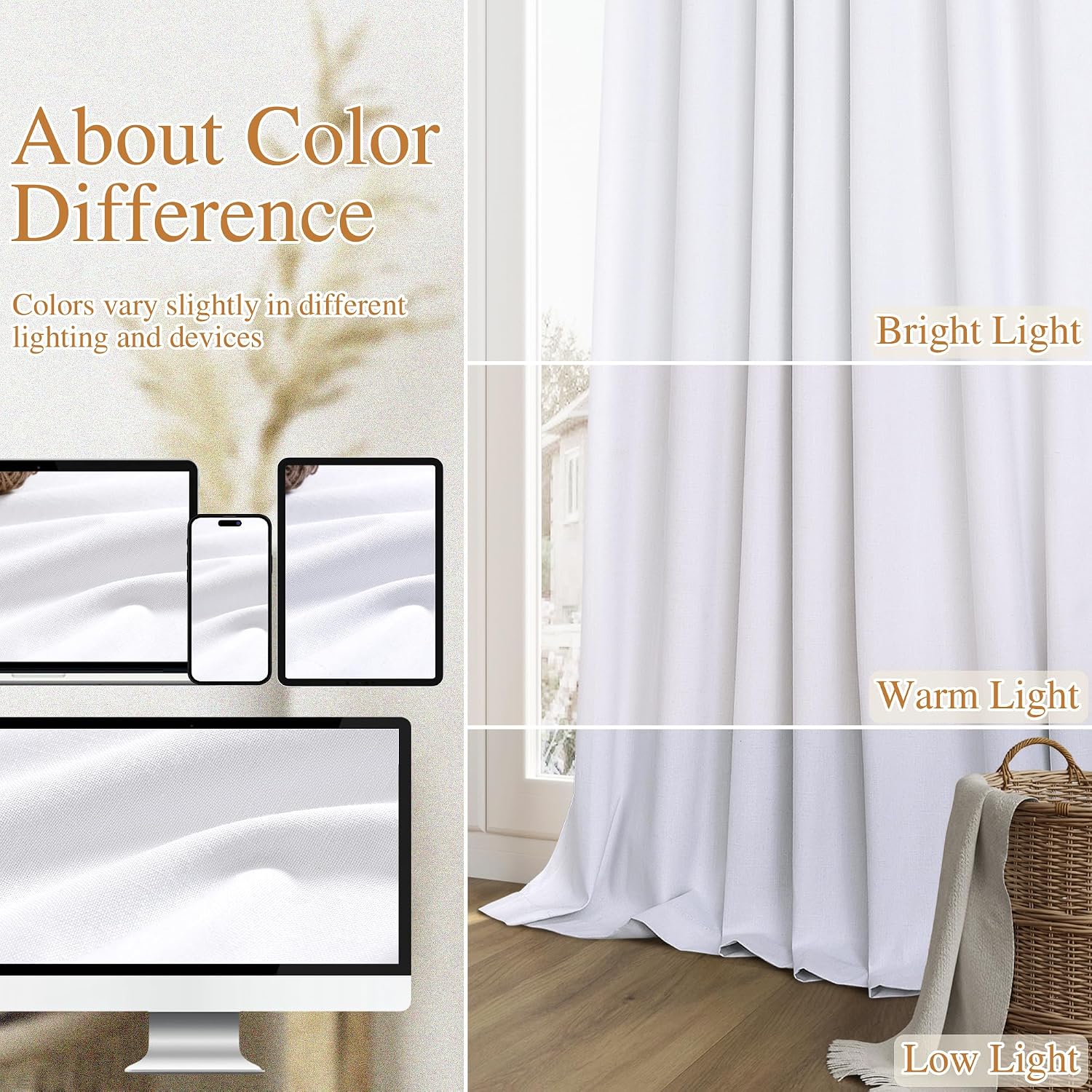 Guken White 100% Blackout Linen Curtains 144 Inch Length 2 Panels Set for Living Room Bedroom Back Tab Thermal Insulated Black Out Drapes R…