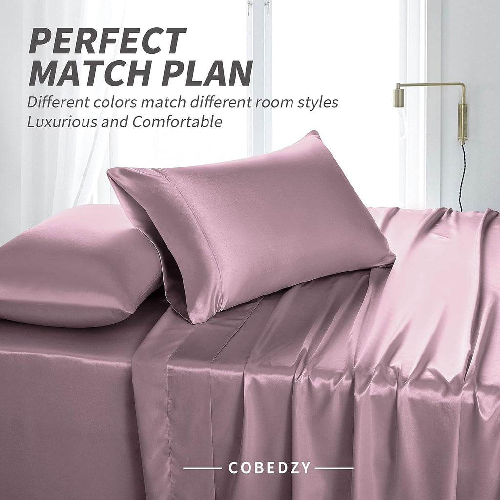 Cobedzy Satin Sheets Queen Size, 4 Pcs Silky Soft Satin Bed Sheets Queen Set with Deep Pockets, Extra Smooth & Luxurious Microfiber Sheet f…