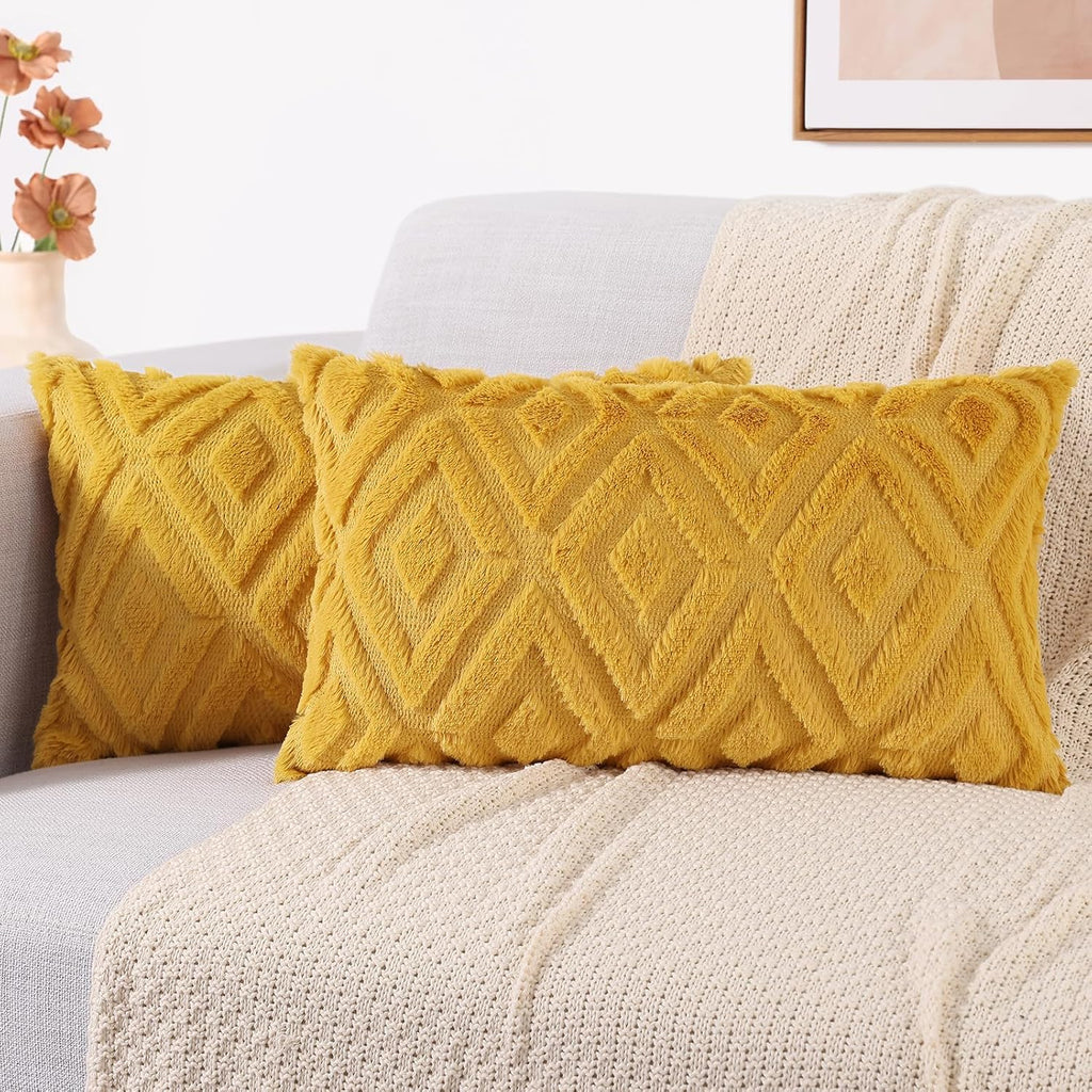decorUhome Summer Couch Throw Pillow Covers 12x20 Set of 2, Decorative Soft Plush Faux Fur Wool Lumbar Accent Pillow Covers for Modern Farm…