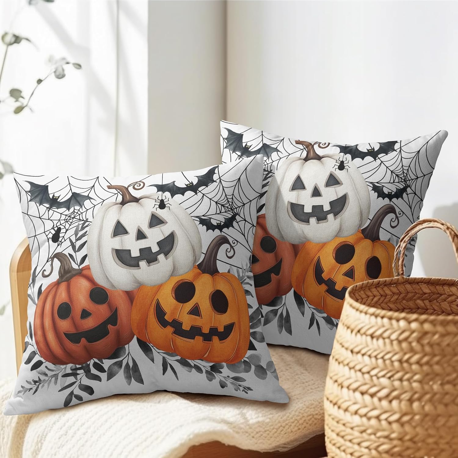 Halloween Pumpkin Throw Pillow Covers 24x24 Inch Pumpkins Jack-O-Lanterns with Black Bat Web Decorative Holiday Pillow Case Cotton Linen…
