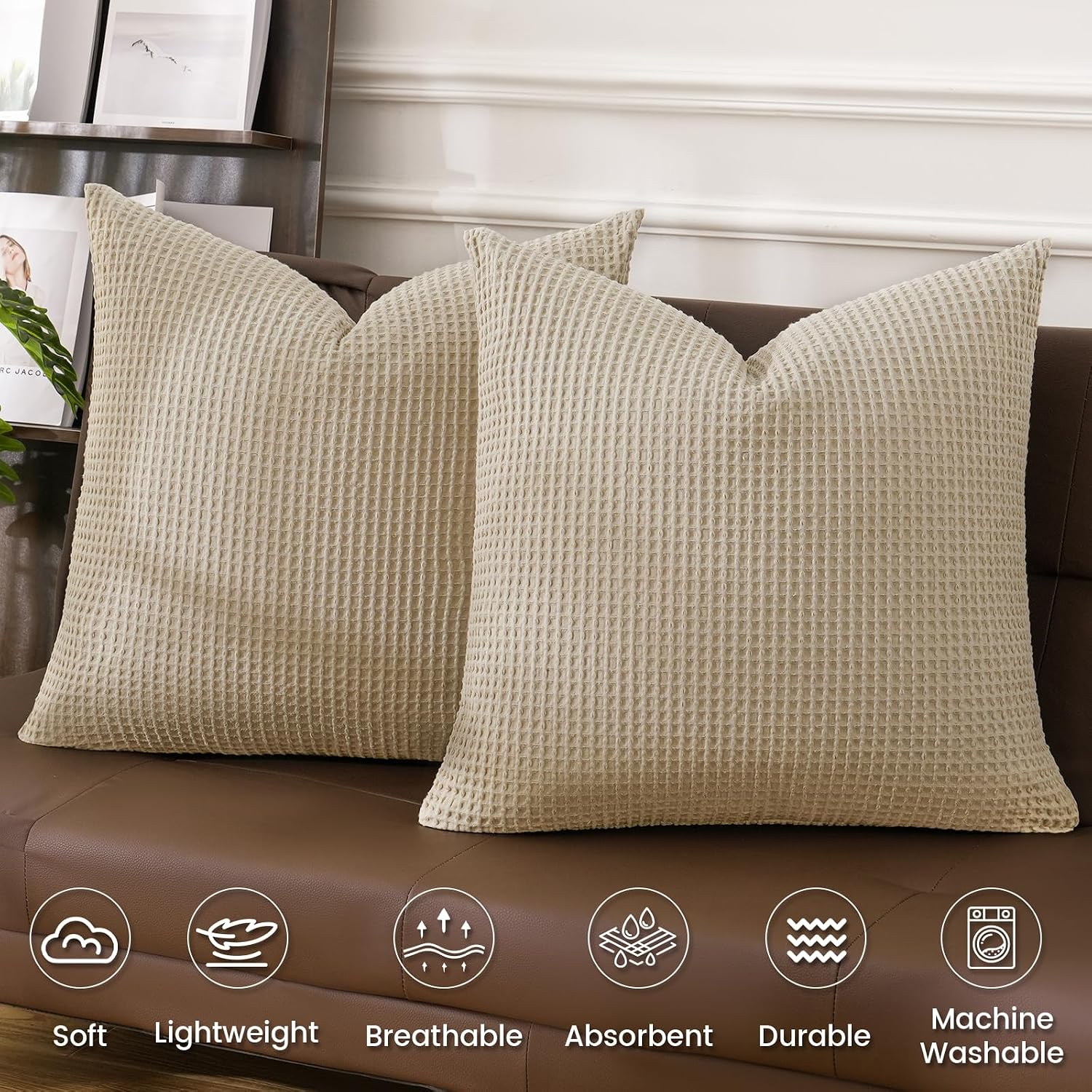 PHF 100% Cotton Waffle Weave Throw Pillow Cover, 20" x 20", No Insert, 2 Pack Elegant Home Decorative Square Throw Pillow Covers for Bed…