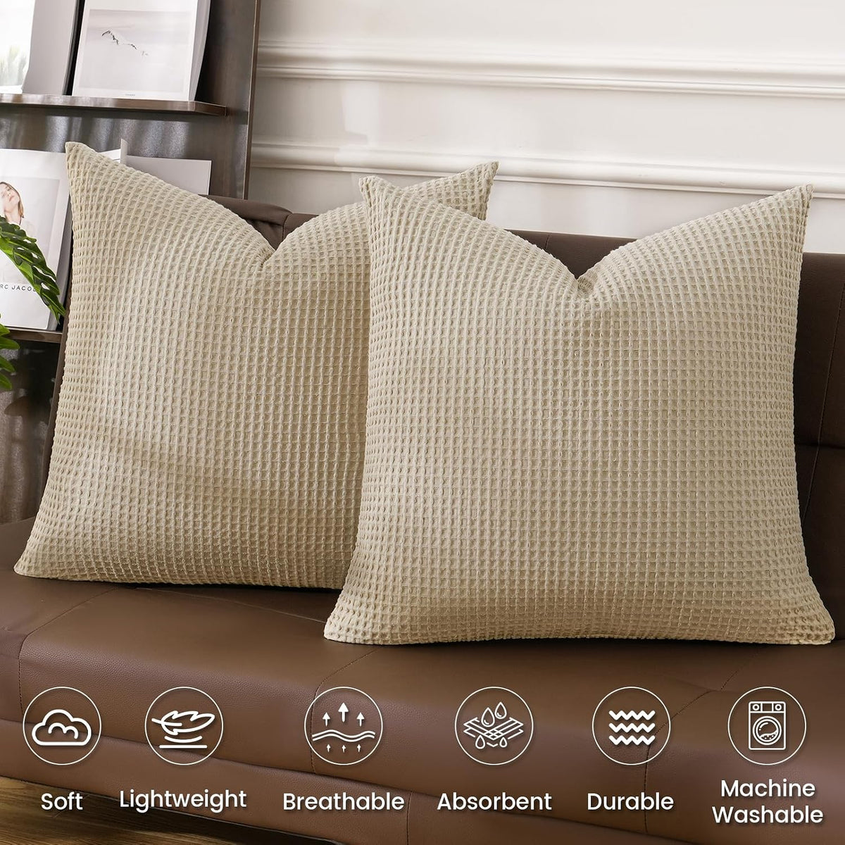 Phf 100% Cotton Waffle Weave Throw Pillow Cover, 22" x 22", No Filling, 2 Pack Elegant Home Decorative Square Throw Pillow Covers for Bed C…