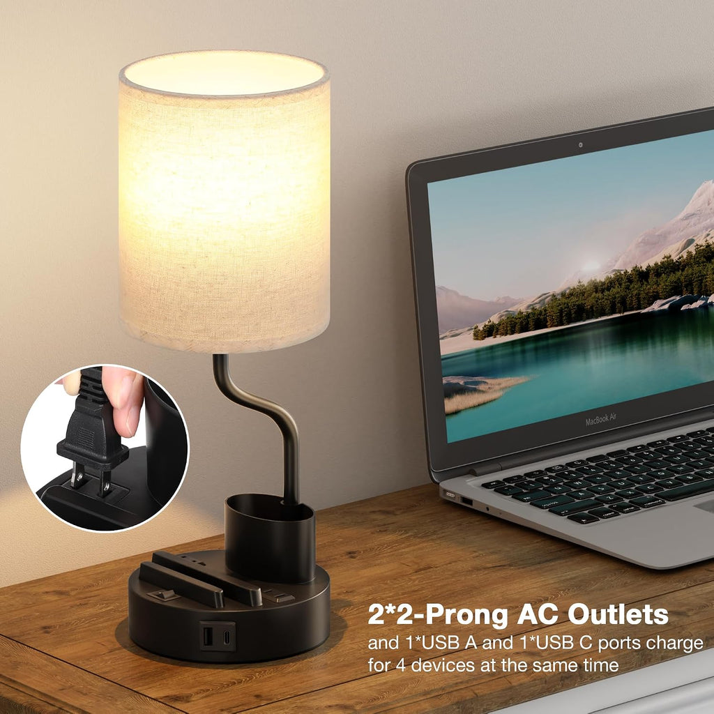 Bedside Table Lamps for Bedroom Set of 2 - Nightstand Light with AC Outlet and USB A & C for Charging, 3 Color Temperatures, Study Desk…