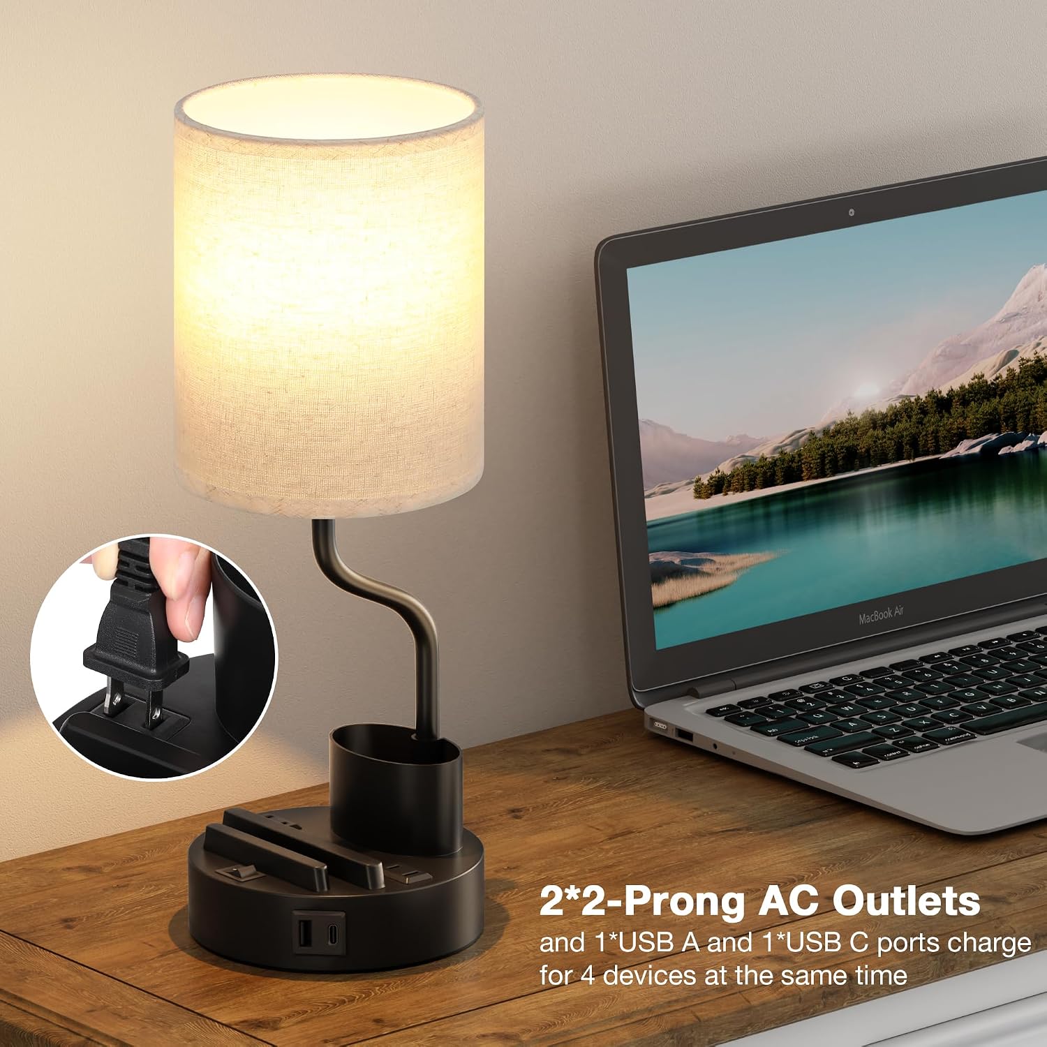 Bedside Table Lamps for Bedroom Set of 2 - Nightstand Light with AC Outlet and USB A & C for Charging, 3 Color Temperatures, Study Desk…