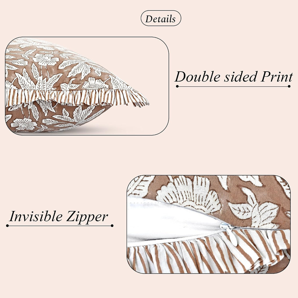 Ridhi Block Print Oak Brown 36"x14" Set 1-100% Cotton Ruffle Lumbar Sham Cover Boho Floral Pillowcase, Farmhouse Cottagecore Bedding…