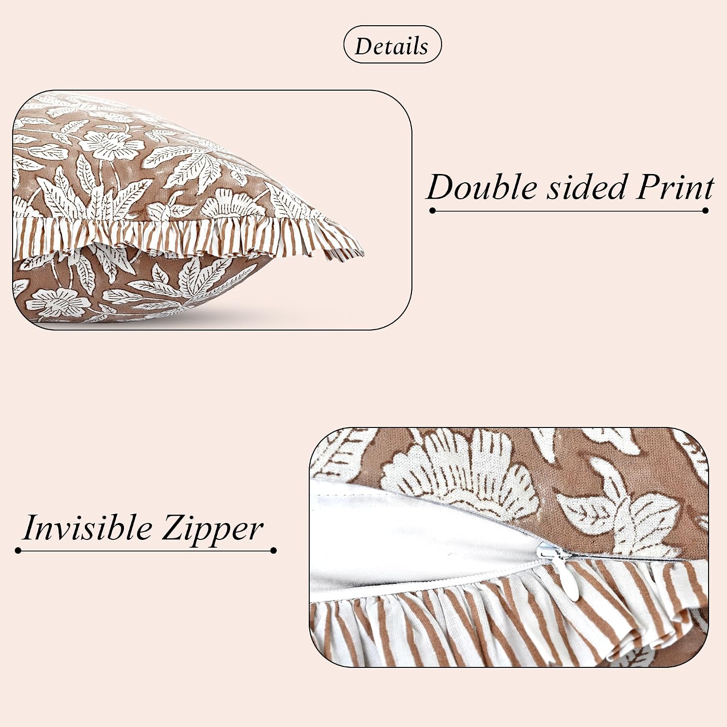 Ridhi Block Print Oak Brown 36"x14" Set 1-100% Cotton Ruffle Lumbar Sham Cover Boho Floral Pillowcase, Farmhouse Cottagecore Bedding…