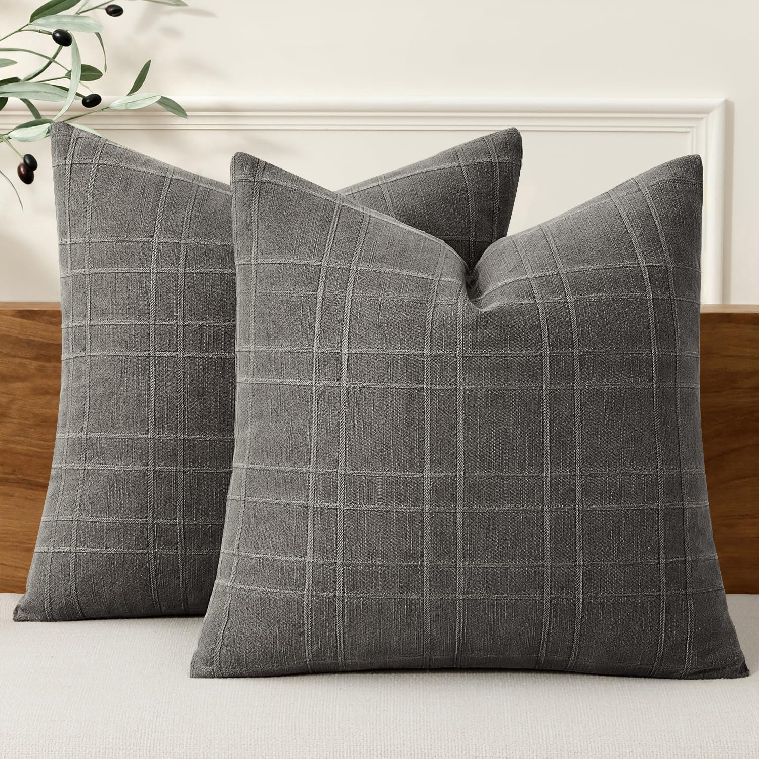 Miulee Decorative Linen Check Lumar Throw Pillow Covers Neutral Farmhouse Vintage Pillow Covers 24x24 Inch Set of 2 Boho Modern Home Decor…