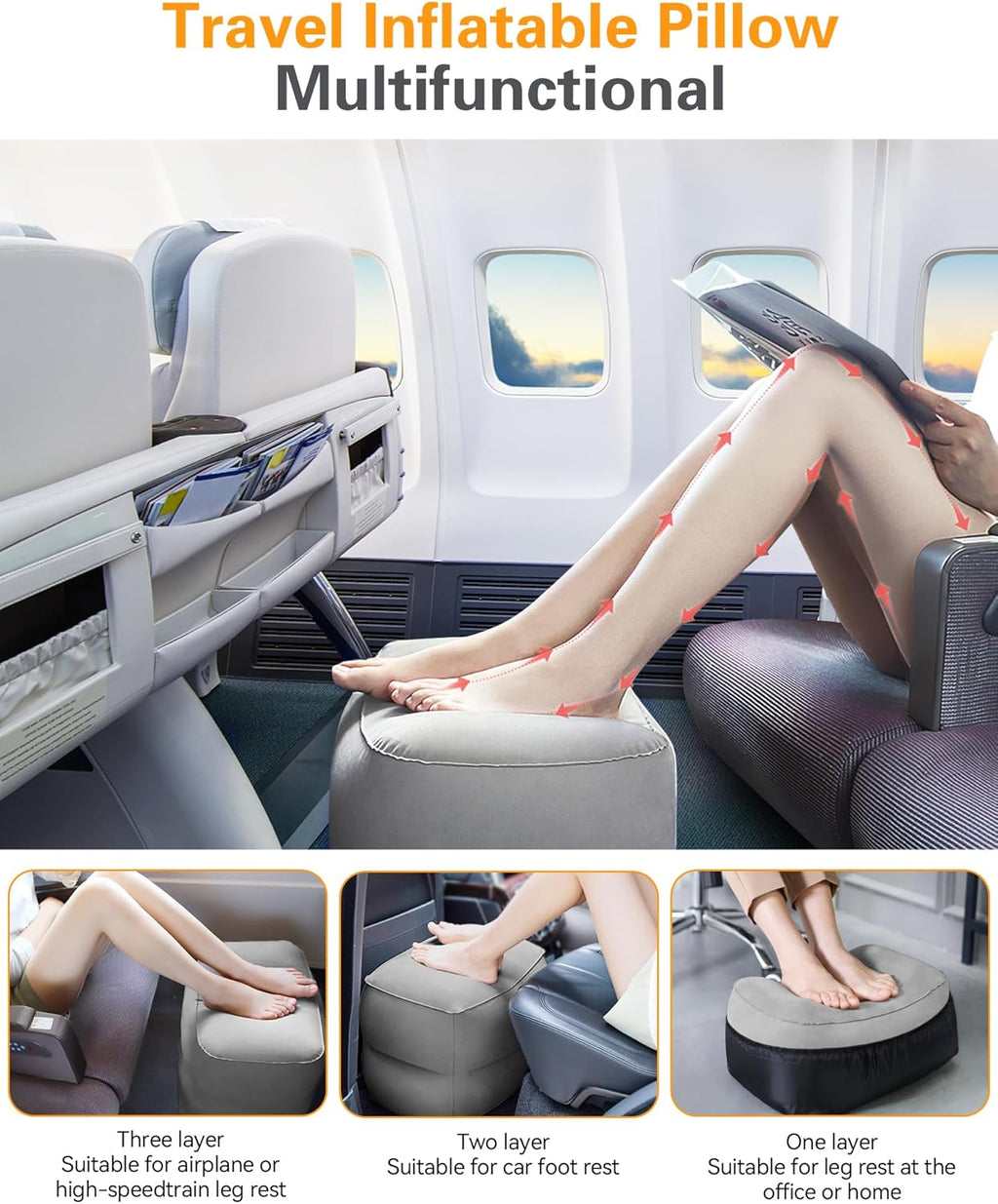 Sunany Inflatable Travel Foot Rest Pillow, Airplane Bed for Kids and Toddler, Adjustable Height Portable Elevating Leg, Trains, Cars, Home,…