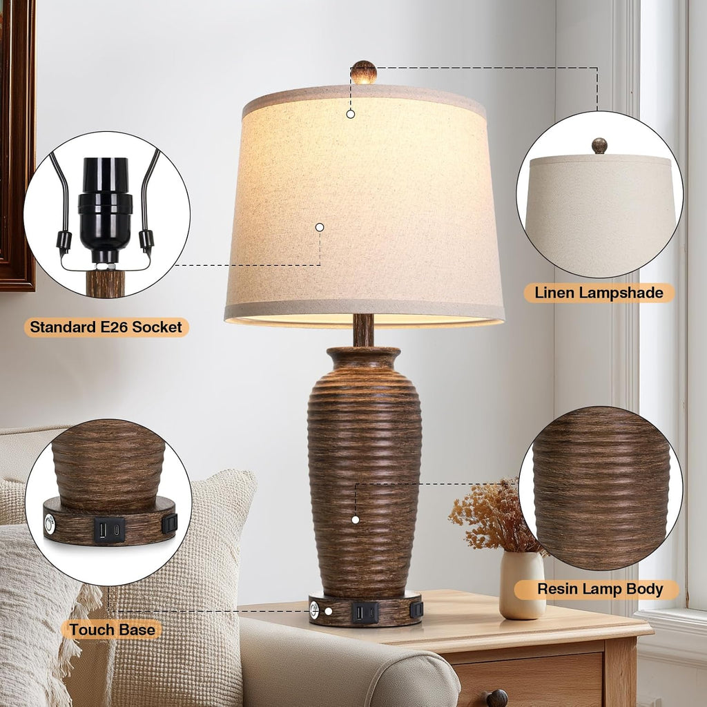 CINSARY 25" Retro Walnut Brown Farmhouse Jar Table Lamps Set of 2, 3 Way Touch Control Rustic Bedside Lamps with USB A+C Ports & AC…