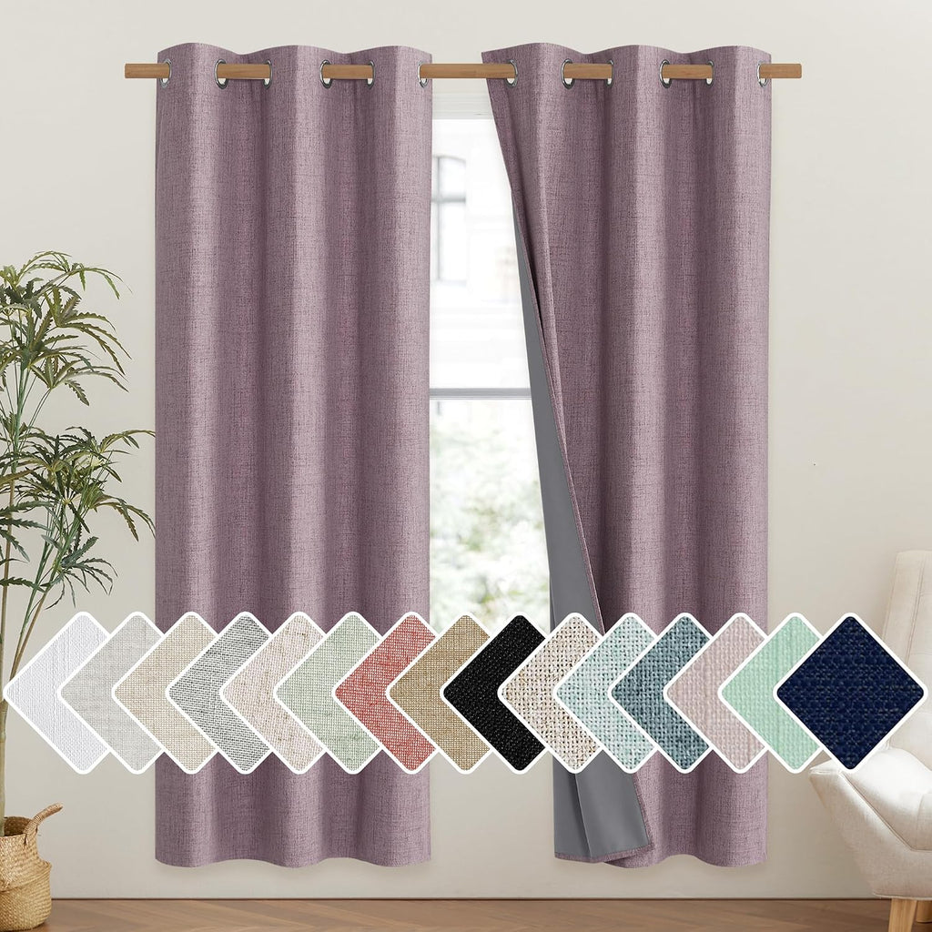 NICETOWN Chaise Mauve Vintage Linen 100% Blackout Curtains for Classroom, Thermal Insulated Curtains 72" Long, Noise Reducing Window…