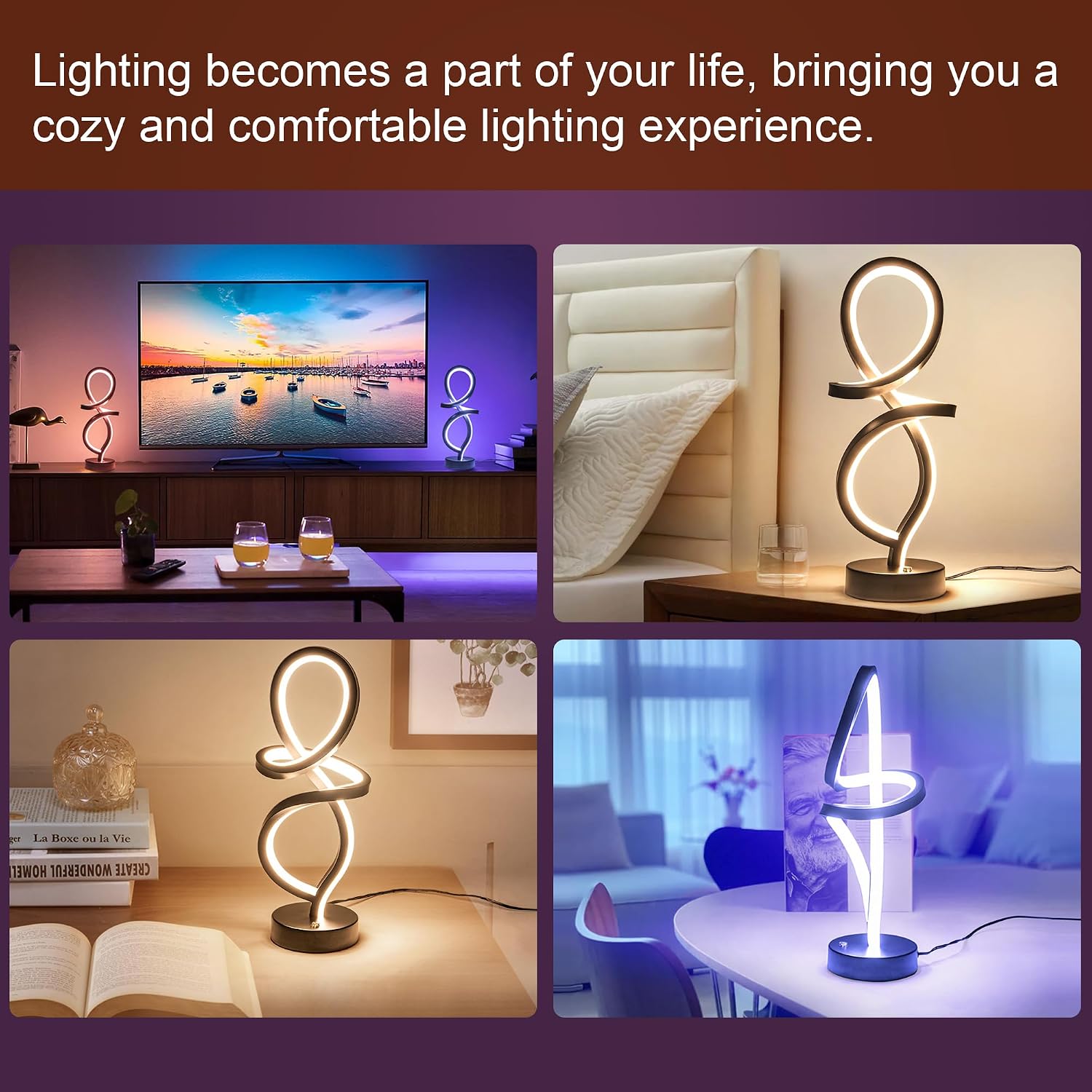 Mayful RGB Modern Table Lamp with 15W LED Spiral Spiral Design, Black Nightstand Lamp & Small Bedside Lamp, Touch Dimmable with 7 Colors…