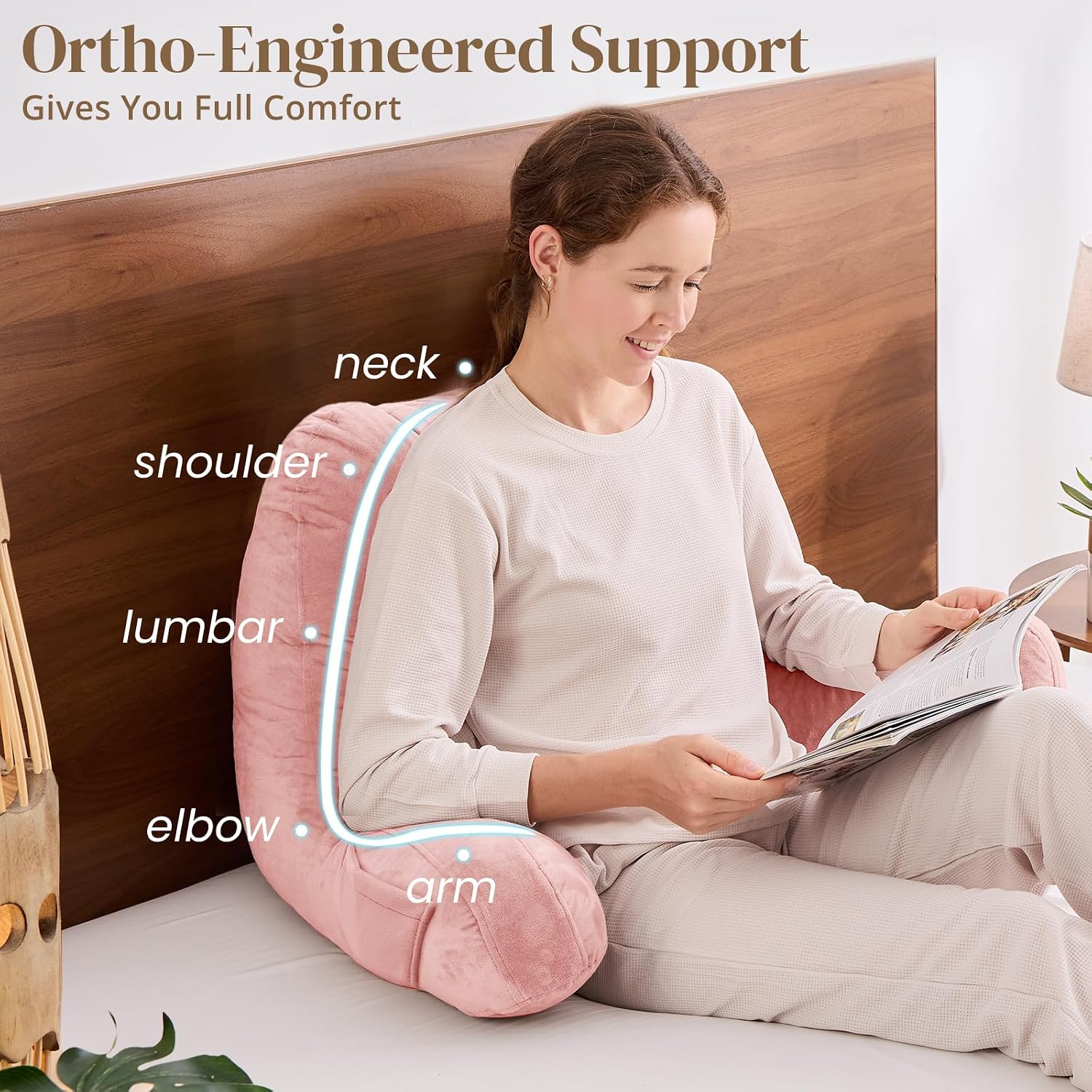 Sasttie Reading Pillow, Pillows for Reading or Relaxing – Ergonomic Support for Head, Neck, Back, and Lumbar, 21-Inch, Peach Pink Pink
