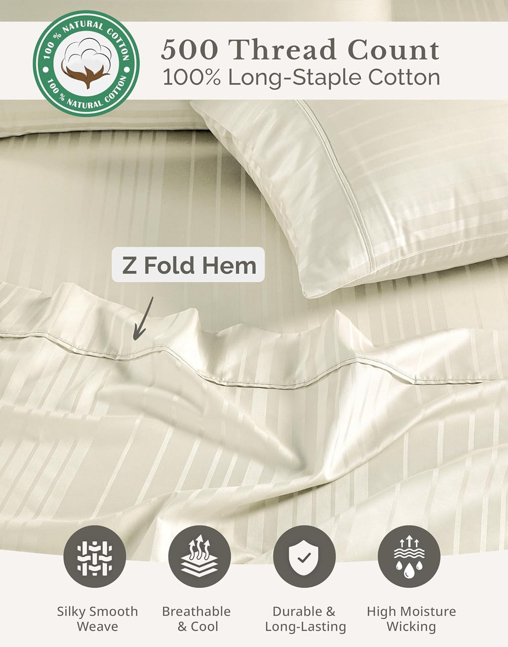 Casa Platino 100% Cotton Sheets Queen Size Set - 6 Pcs (1 Flat, 1 Fitted, 4 Pillowcases) - Striped 500 TC - Ultra Smooth, Gentle on Skin…