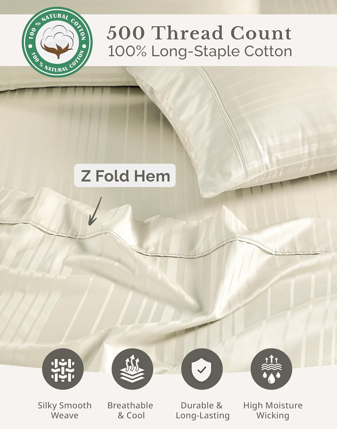 Casa Platino 100% Cotton Sheets King Size Set - 6 Pcs (1 Flat, 1 Fitted, 4 Pillowcases) - Striped 500 TC - Ultra Smooth Sateen Weave Bed…