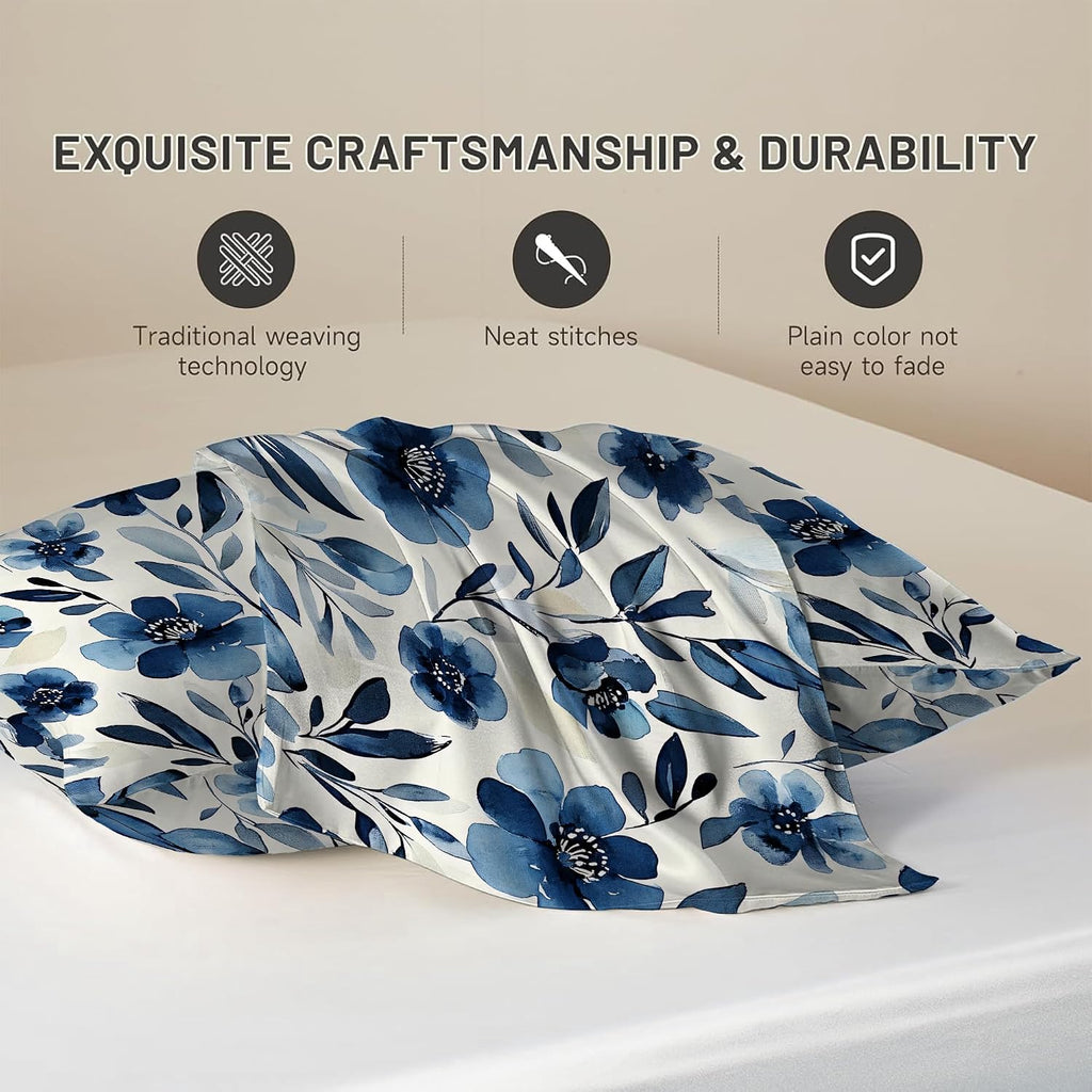 Satin Pillowcase for Hair and Skin Watercolor Blue Flowers and Leaves Super Soft and Cooling Similar to Silk Pillow Case 1 Pack with…