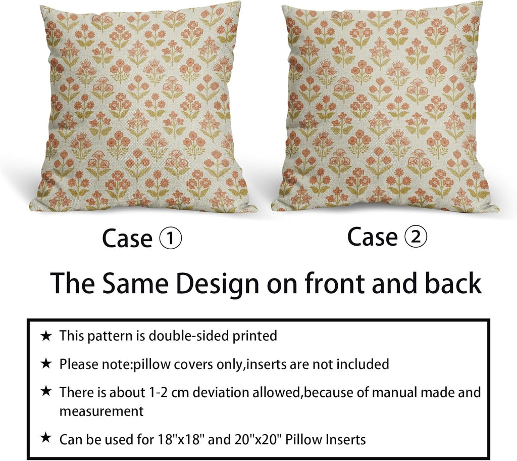Orange Yellow Floral Block Print Pillow Covers 16x16 Inch Set of 2, Vintage Flower Pattern Decorative Throw Pillowcases Outdoor Farmhouse…