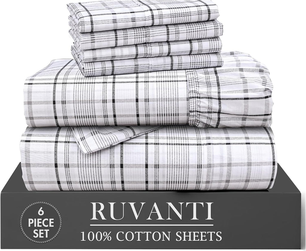 Ruvanti 100% Cotton Percale Sheets Full Size 6 Piece Set, Cooling Bed Sheets for Hot Sleepers, Deep Pocket 16”, Breathable Lightweight & Du…
