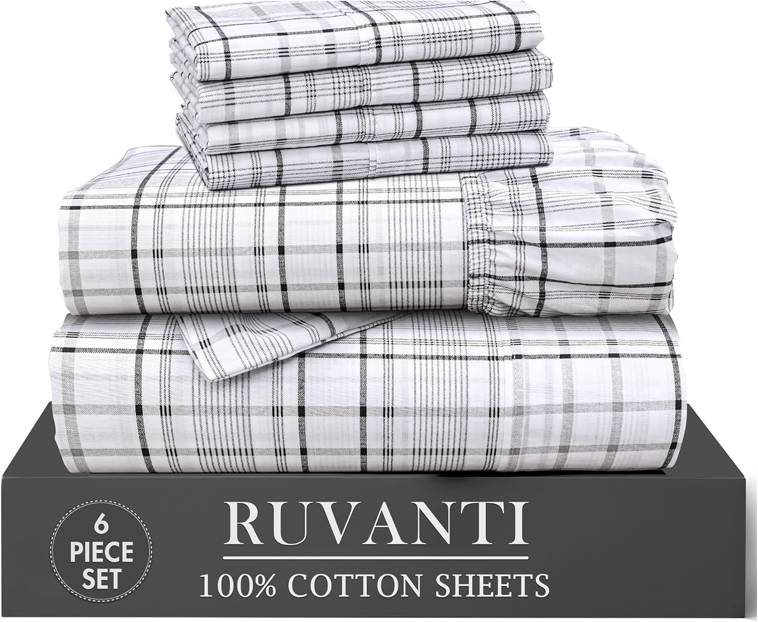 Ruvanti 100% Cotton Percale Sheets Full Size 6 Piece Set, Cooling Bed Sheets for Hot Sleepers, Deep Pocket 16”, Breathable Lightweight & Du…