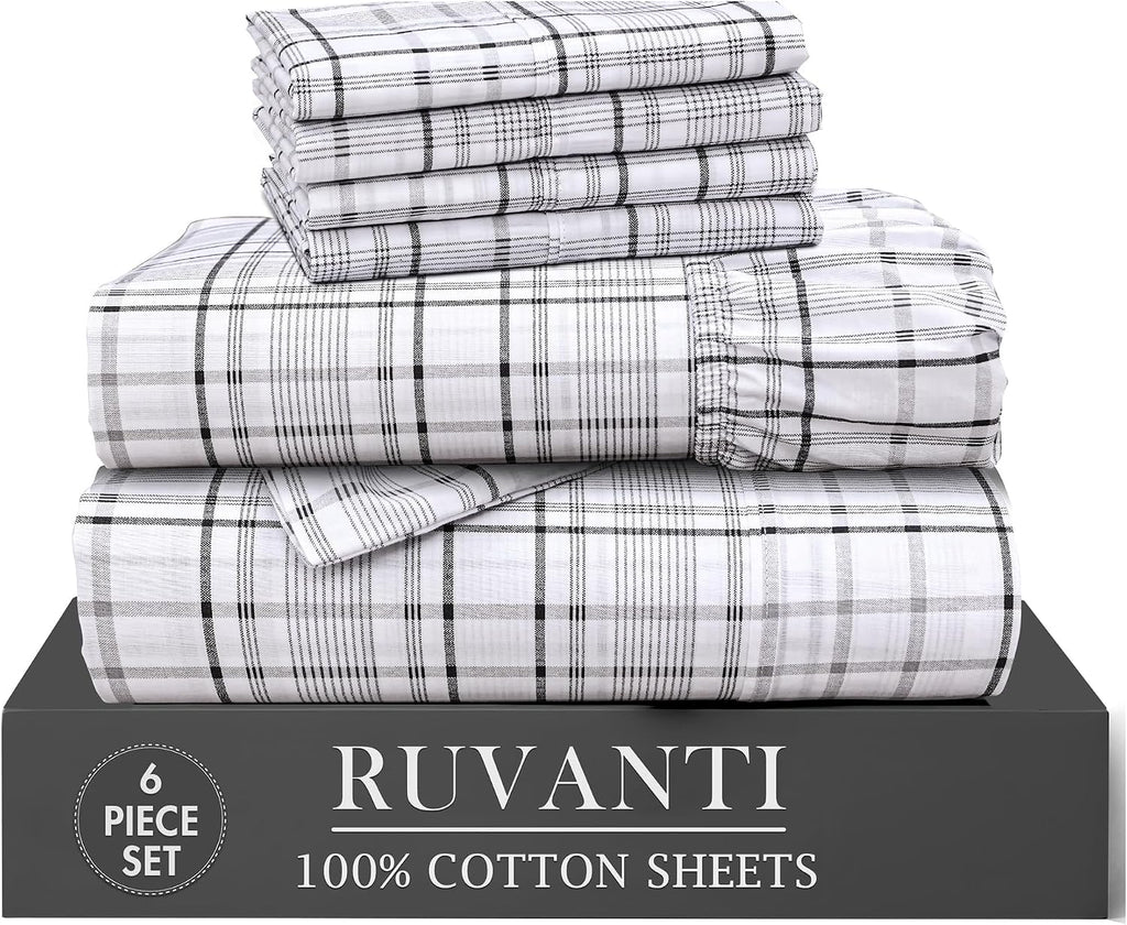 Ruvanti 100% Cotton Percale Sheets Queen Size 6 Piece Set, Cooling Bed Sheets for Hot Sleepers, Deep Pocket 16”, Breathable Lightweight & D…