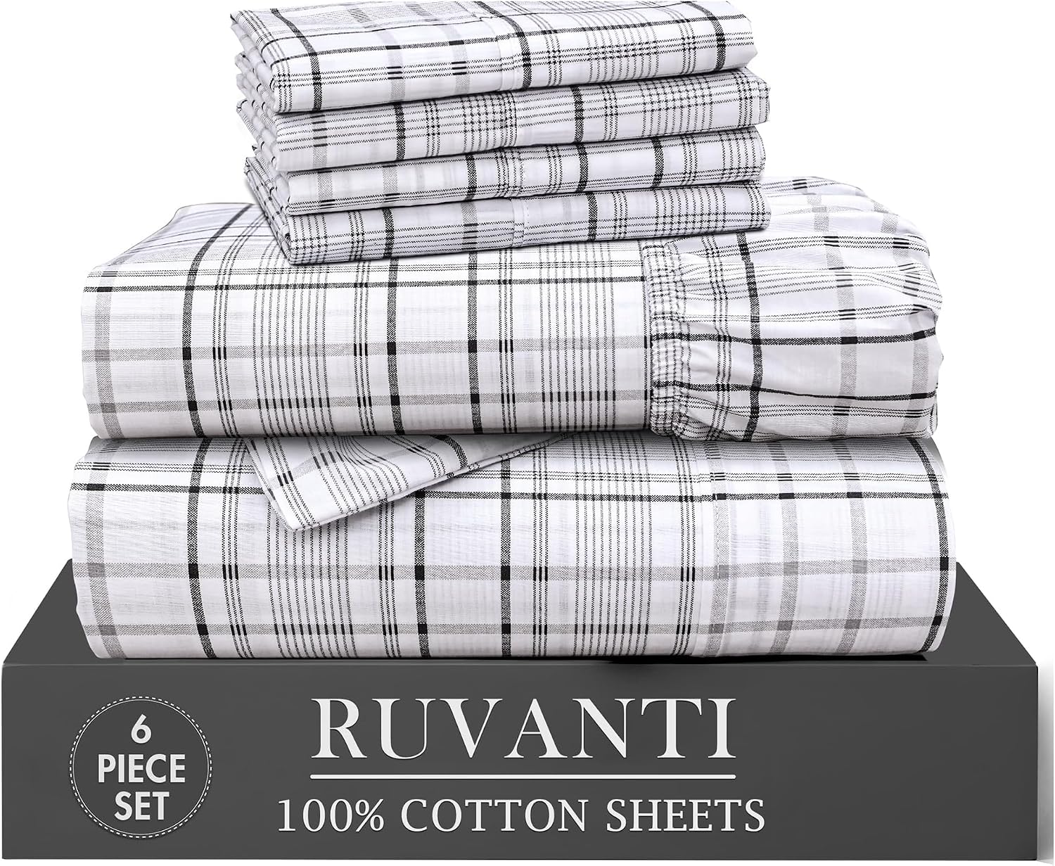 Ruvanti 100% Cotton Percale Sheets Queen Size 6 Piece Set, Cooling Bed Sheets for Hot Sleepers, Deep Pocket 16”, Breathable Lightweight & D…