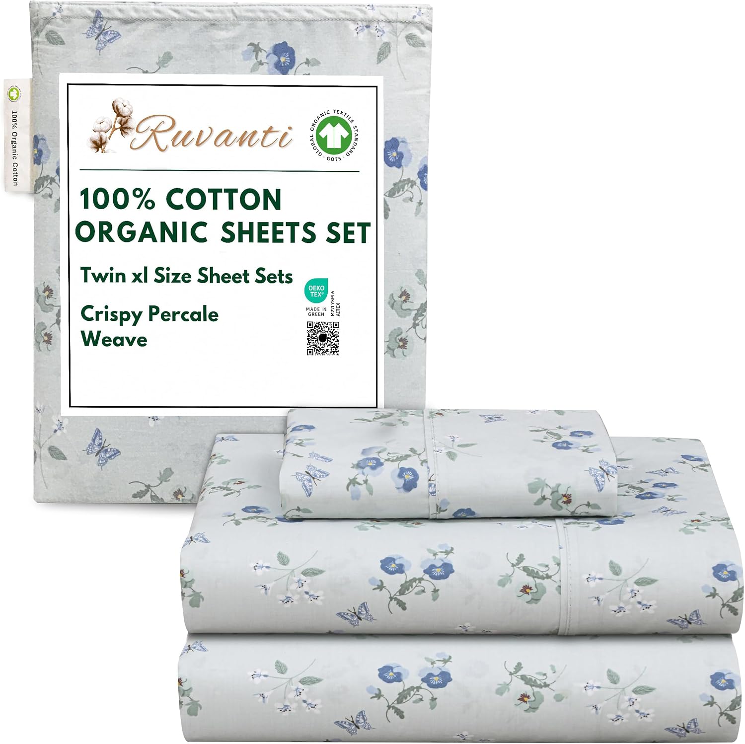 Ruvanti 100% Cotton Organic Percale Sheets Twin XL Size – Crisp Cooling Bed Sheets for Hot Sleepers, Deep Pocket 15”, Soft Peach Finish, Br…