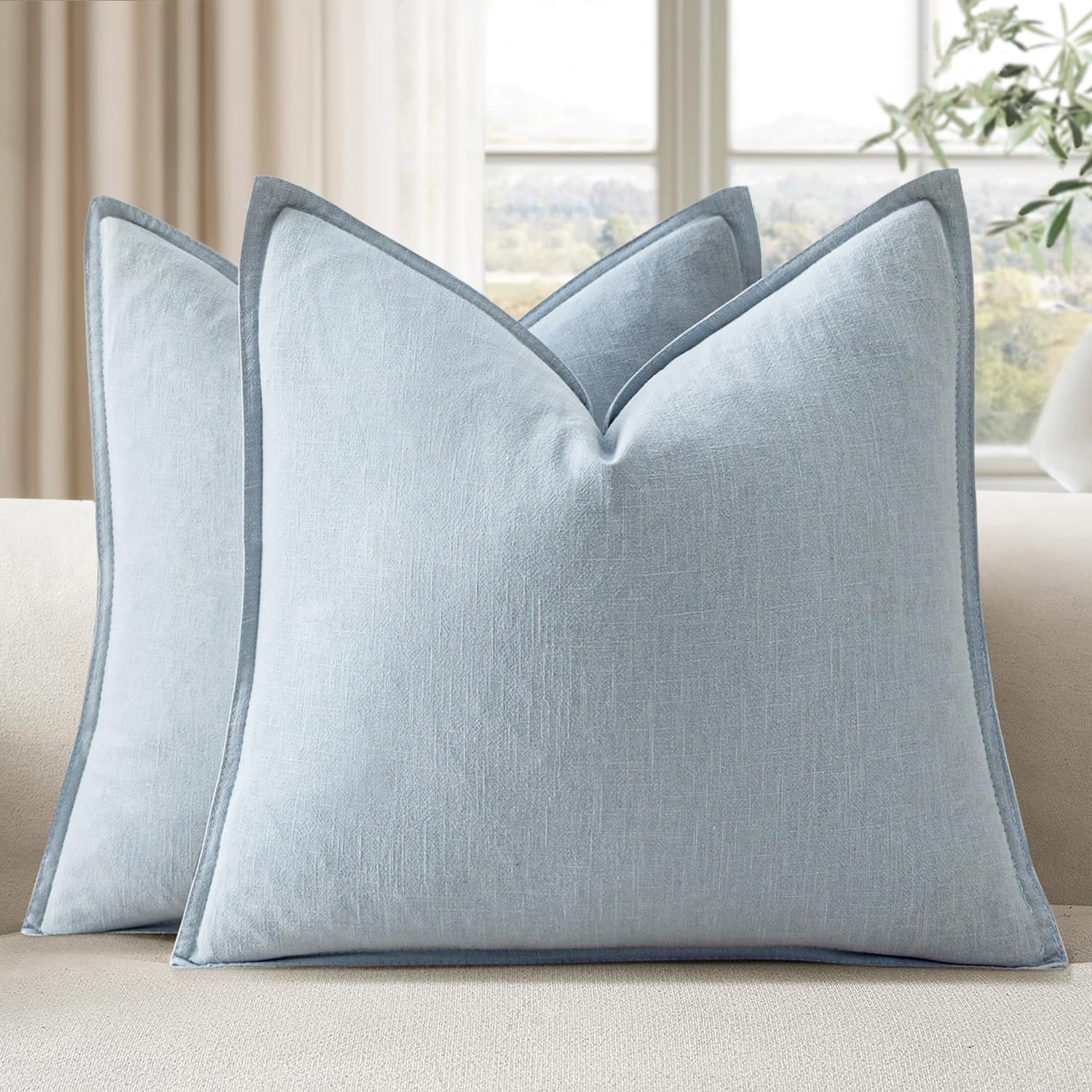 EMEMA Spring Throw Pillow Covers Decorative Linen Pillow Covers 20x20 Inch Light Blue Boho Farmhouse Neutral Couch Throw Pillows for Bed…