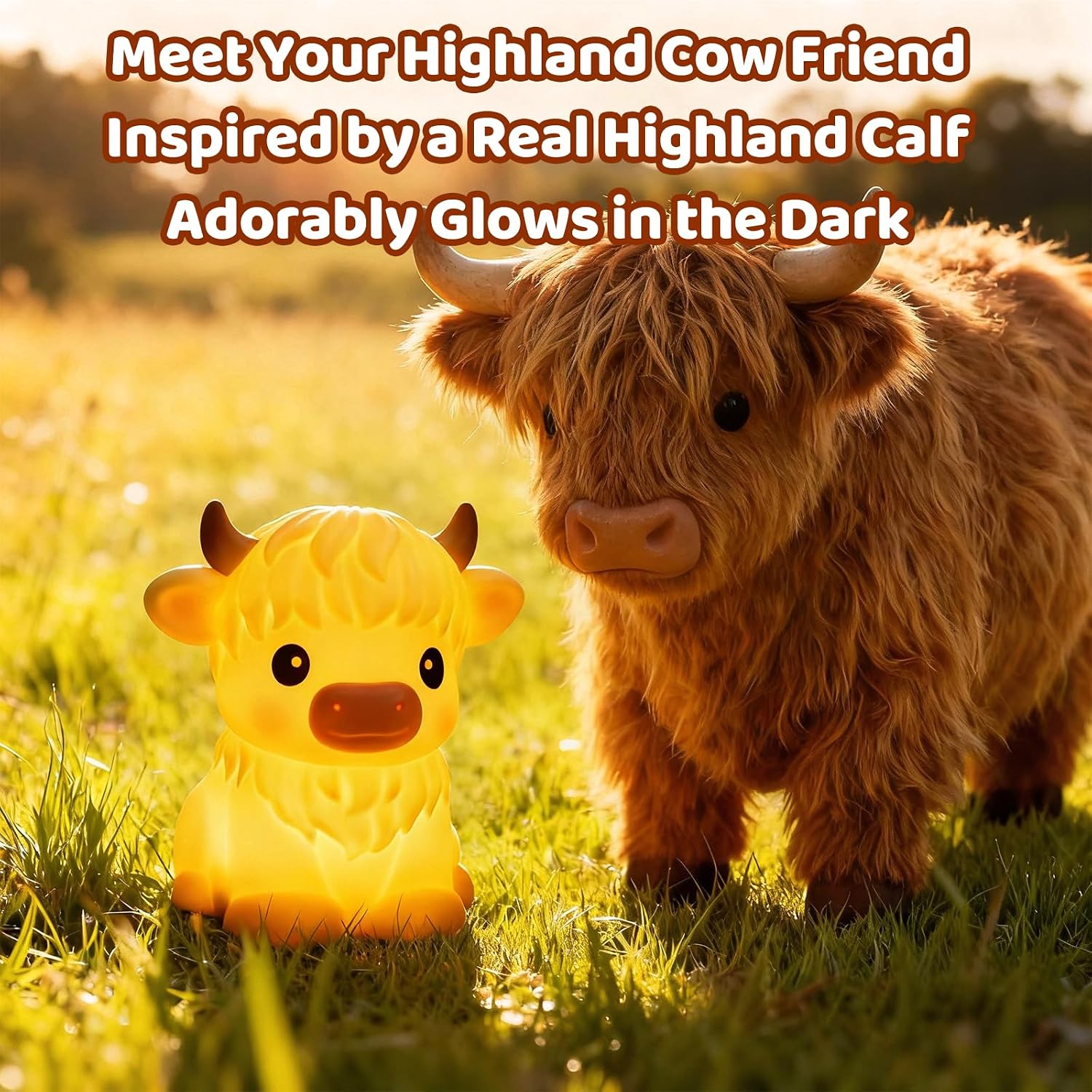 BPA-Free Silicone丨Huggwaii Highland Cow Night Light for Kids, Dimmable Squishy Night Light Touch Cow Lamp, Highland Cow Gifts for…