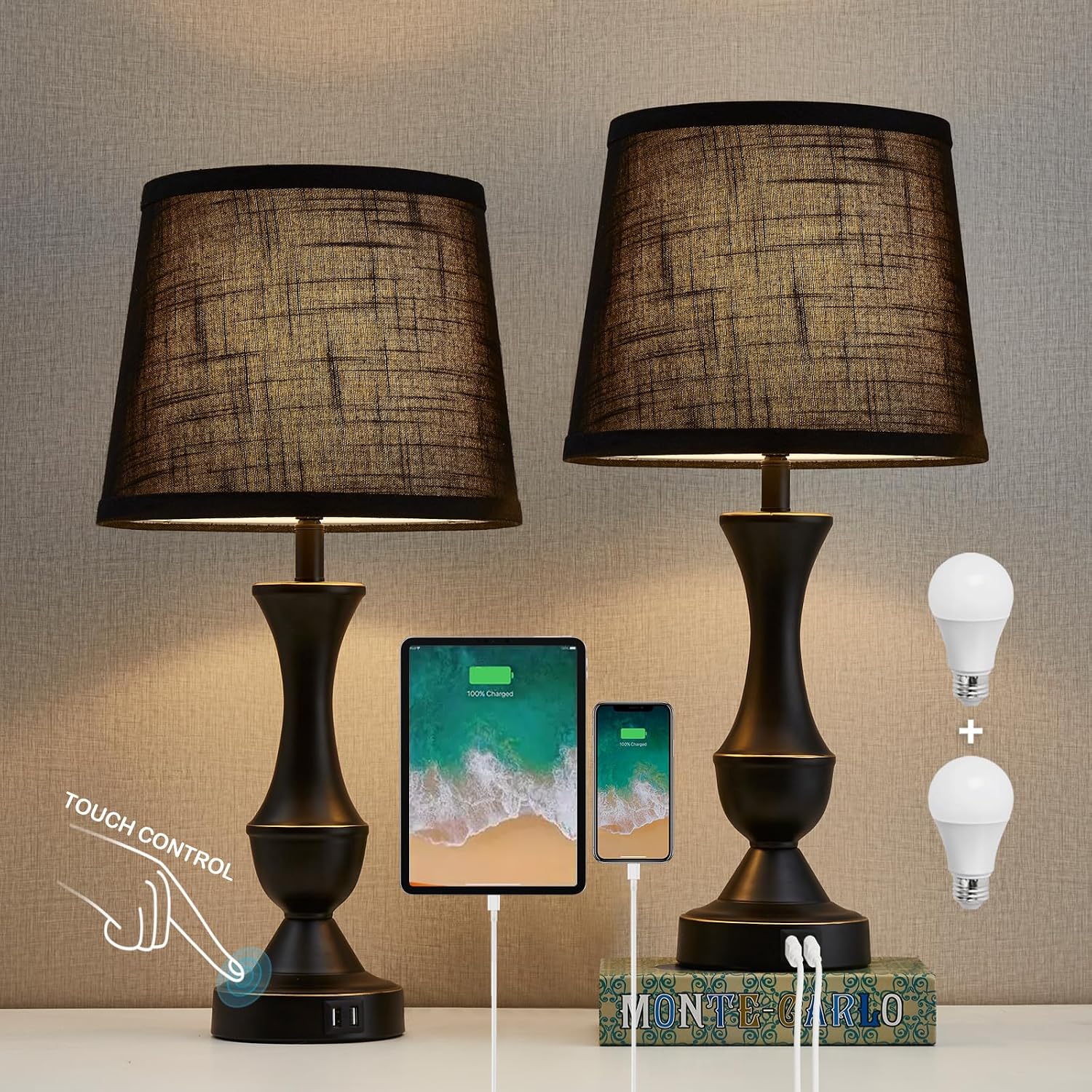 Luvkczc Black Touch Table Lamps Set of 2, 22" Tall Bedside Lamps with USB C+A Charging Ports, Nightstand Lamps for for Bedroom, Living…