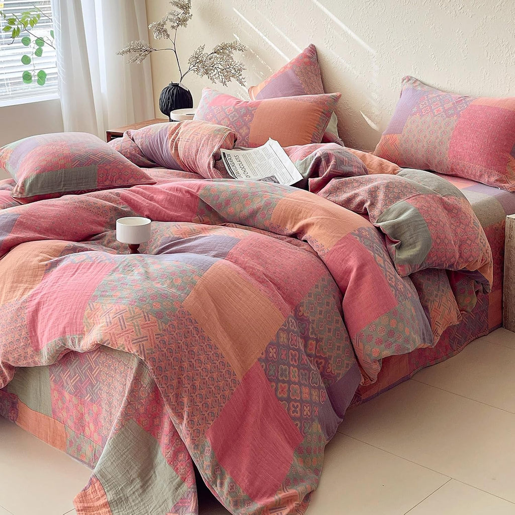 mixinni 100% Cotton Double Layer Yarn Duvet Cover Set, Vintage Patchwork Floral Jacquard Textured Comforter Cover, Reversible Boho Bedding…