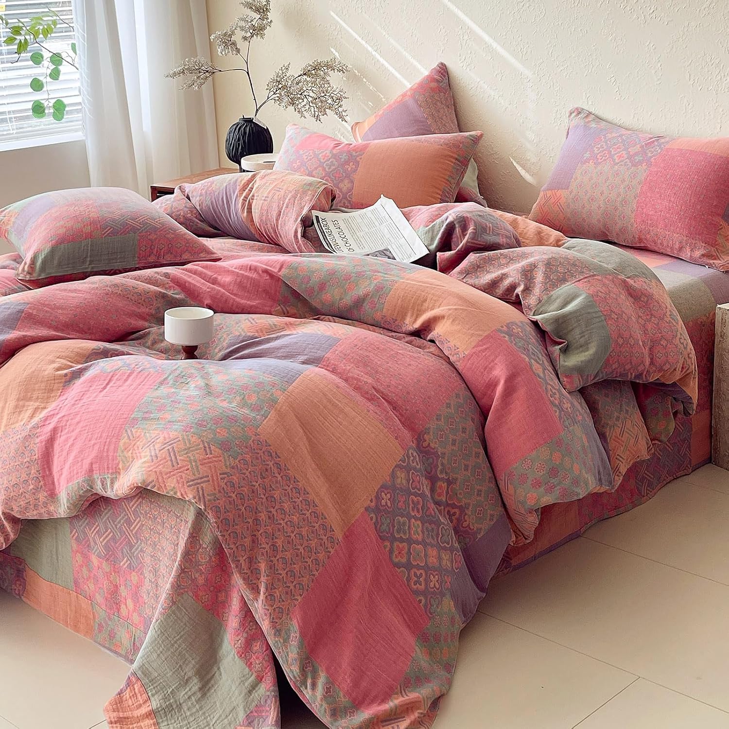 mixinni 100% Cotton Double Layer Yarn Duvet Cover Set, Vintage Patchwork Floral Jacquard Textured Comforter Cover, Reversible Boho Bedding…