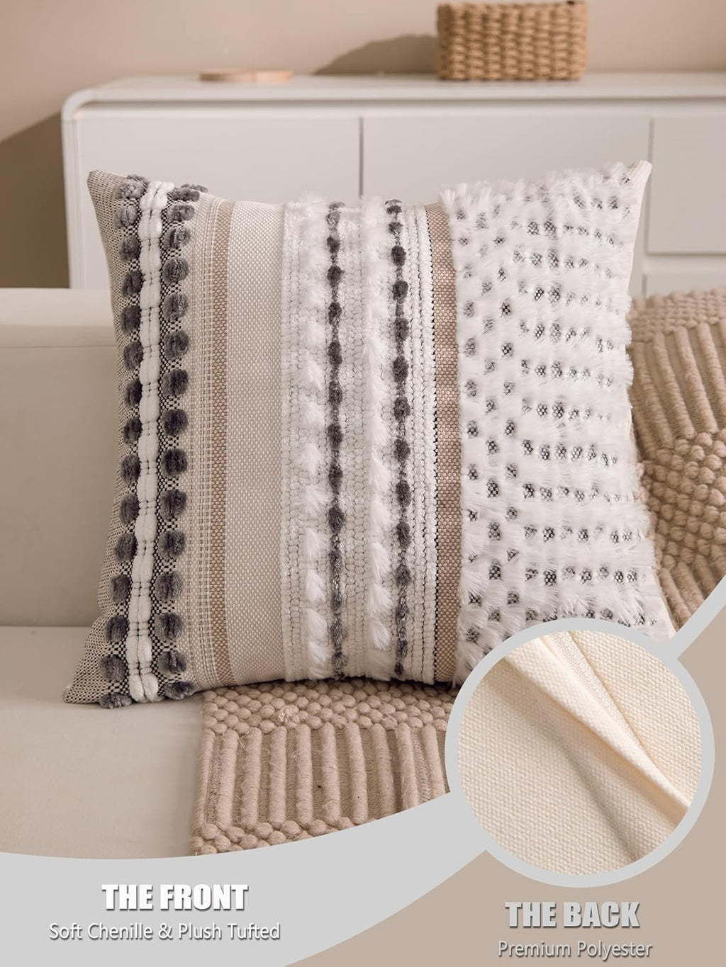 Boho Chenille Tufted Couch Throw Pillow Covers 18x18 Inch Set of 2 Farmhouse Striped Decorative Pillow Covers Accent Neutral Square…