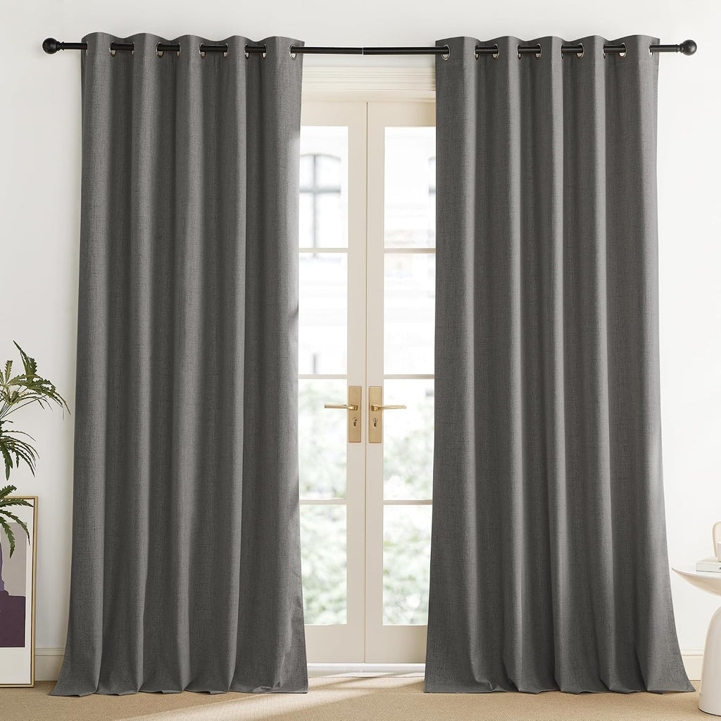 NICETOWN Grizzle Gray Vintage Linen 100% Blackout Curtains for Living Room, Thermal Insulated Curtains 108“ Long, Noise Reducing Window…