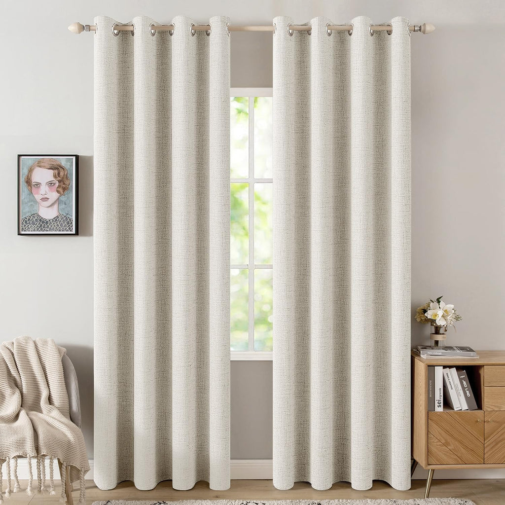 Miulee Linen Texture Curtains for Bedroom Solid 100% Blackout Thermal Insulated Linen Beige Curtains Grommet Room Darkening Drapes for Livi…