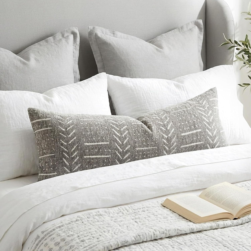 BlissBlush Decorative Long Lumbar Pillow Cover 14x36 for Bed, Light Gray Soft Woven Chenille Accent Pillow Cover for Bedroom Couch Sofa…